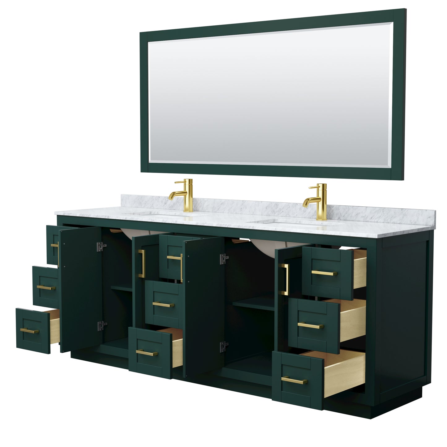 Miranda 84" Double Vanity in Green, Top, Square Brushed Gold Trim, 70" Mirror