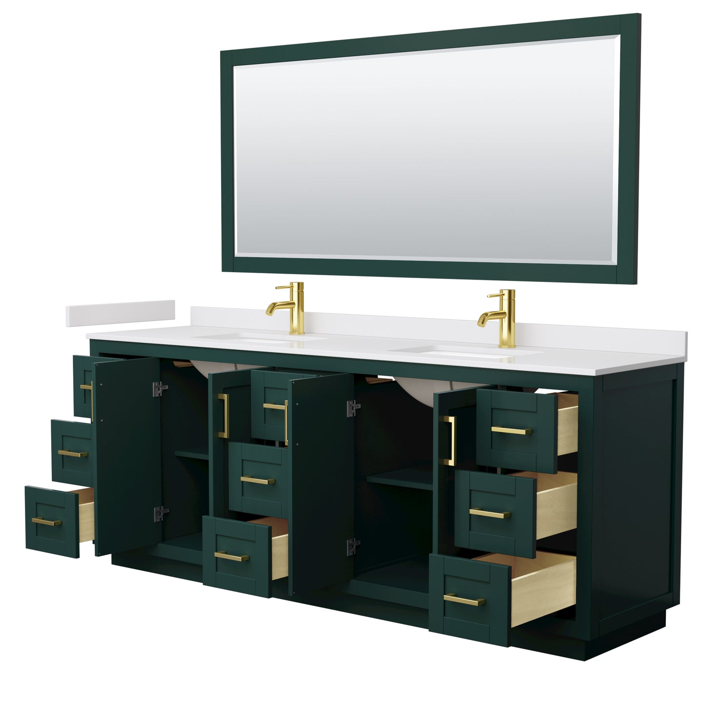 Miranda 84" Double Vanity in Green, White Marble Top, Gold Trim, 70" Mirror