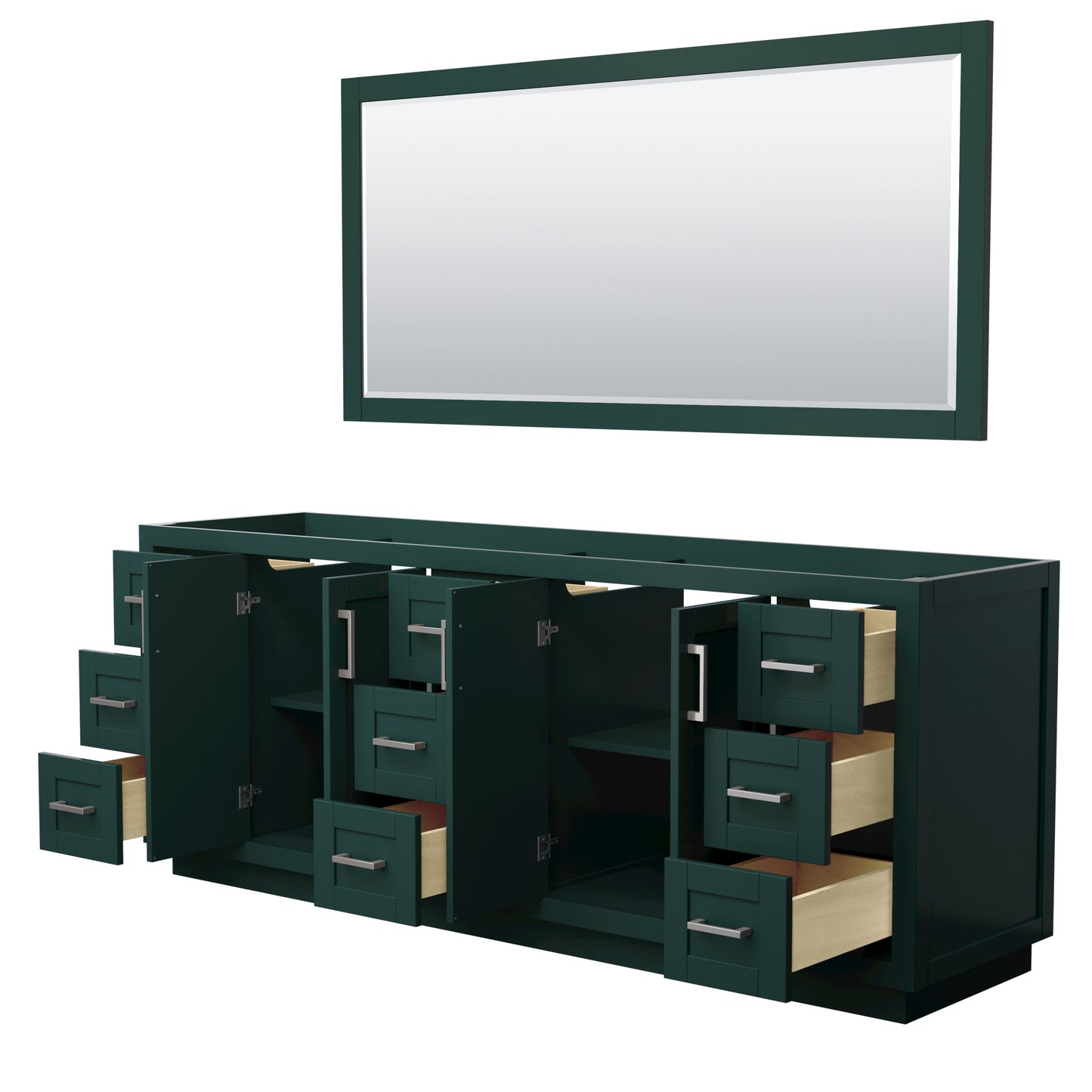 Miranda 84" Double Vanity in Green, No Top, Bruished Nickel Trim, 70" Mirror