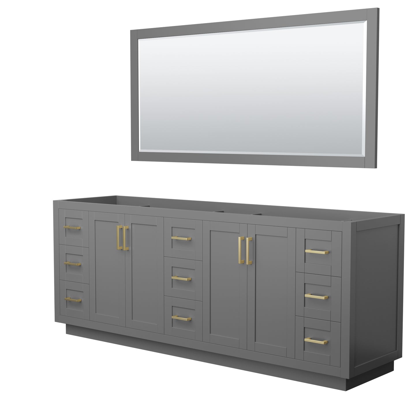 Miranda 84" Double Vanity in Dark Gray, No Top, Bruished Gold Trim, 70" Mirror