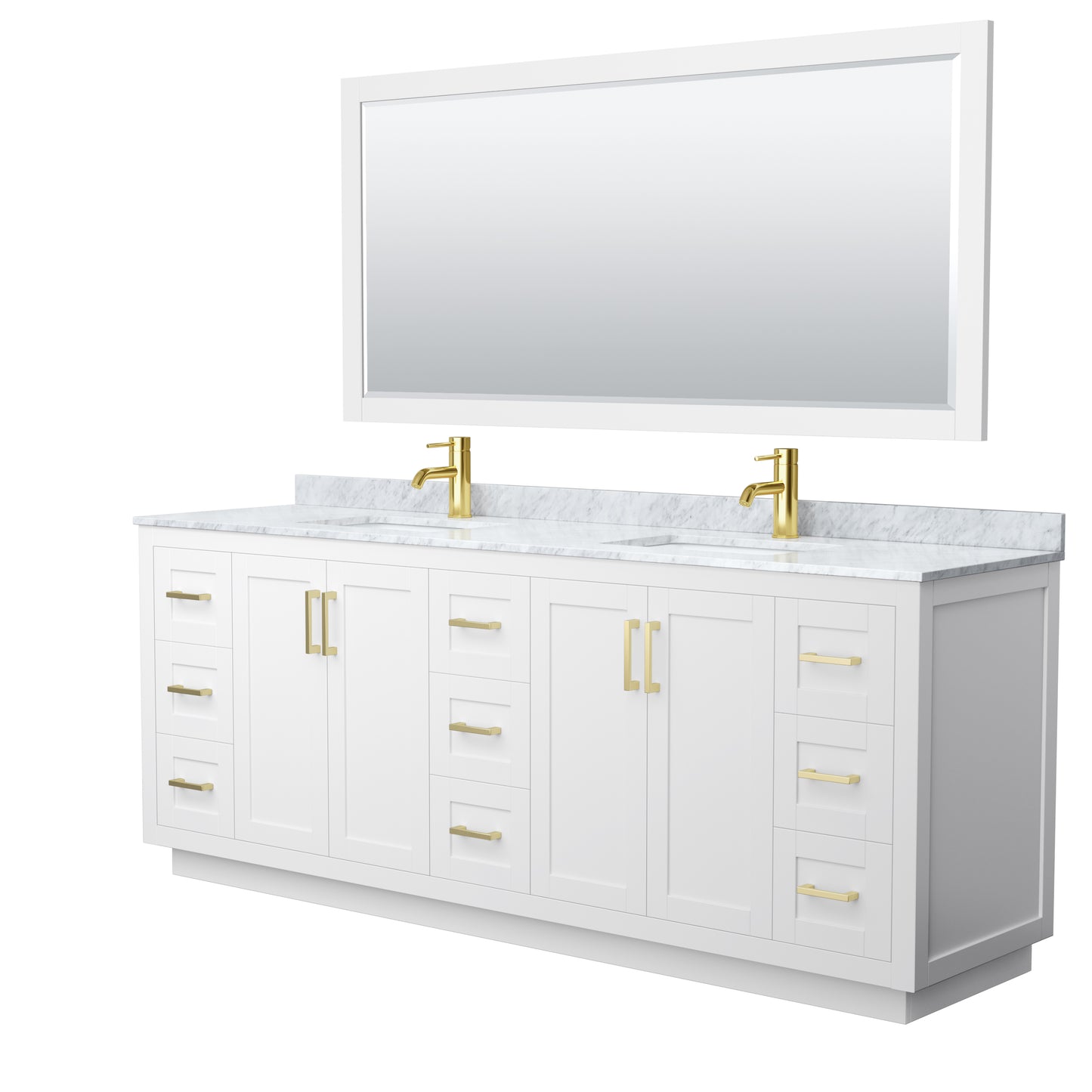 Miranda 84" Double Vanity in White, Top, Square Brushed Gold Trim, 70" Mirror