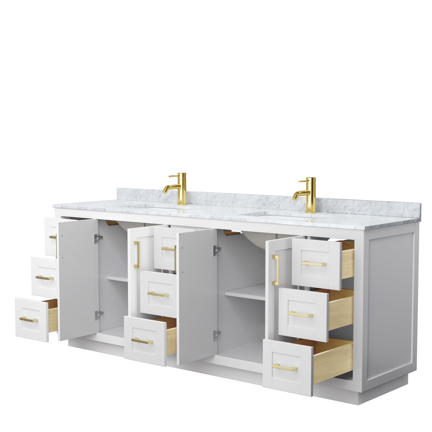 Miranda 84" Double Vanity in White, Top, Square Sinks, Brushed Gold Trim