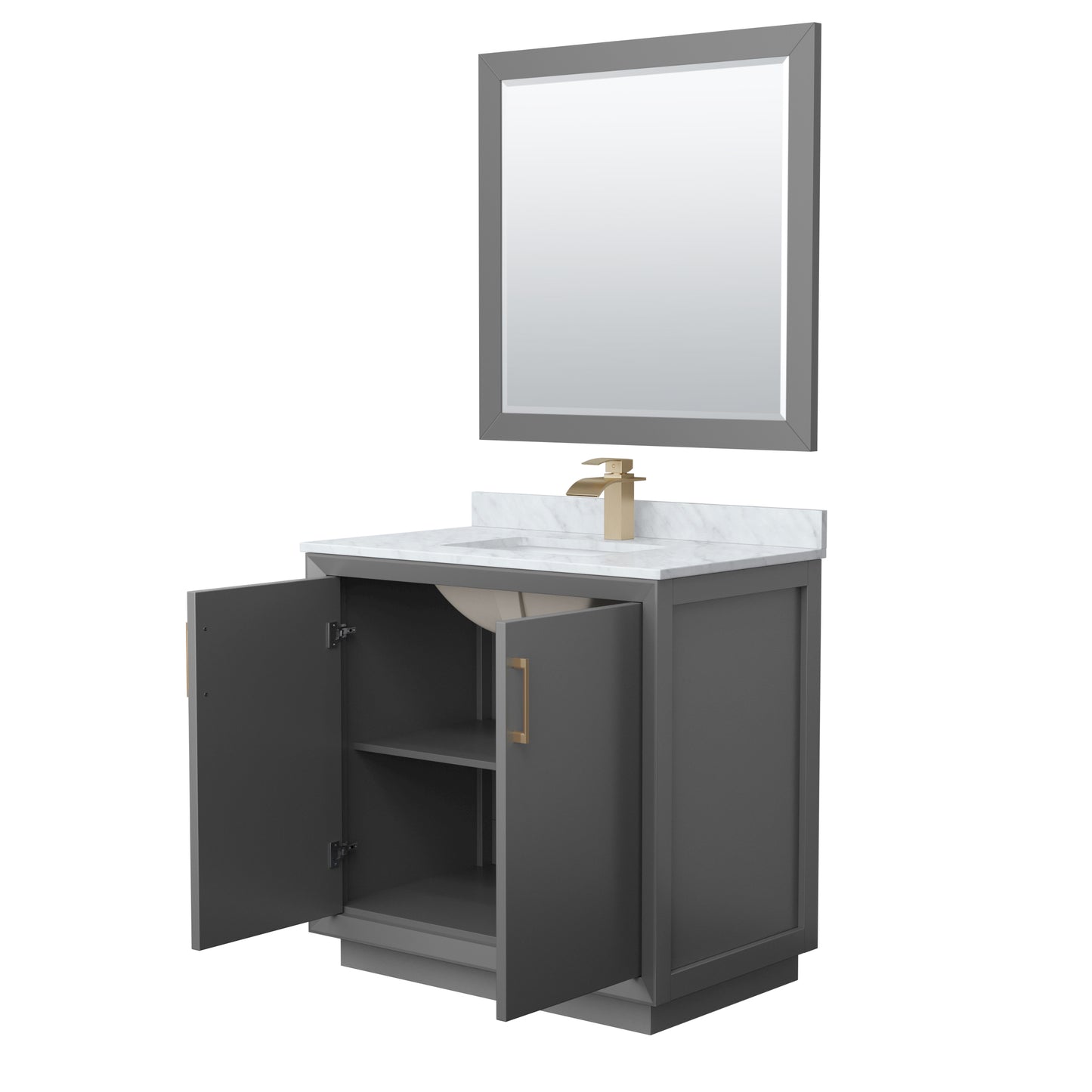 Strada 36" Single Vanity in Gray, Marble Top, Sink, Bronze Trim, 34" Mirror