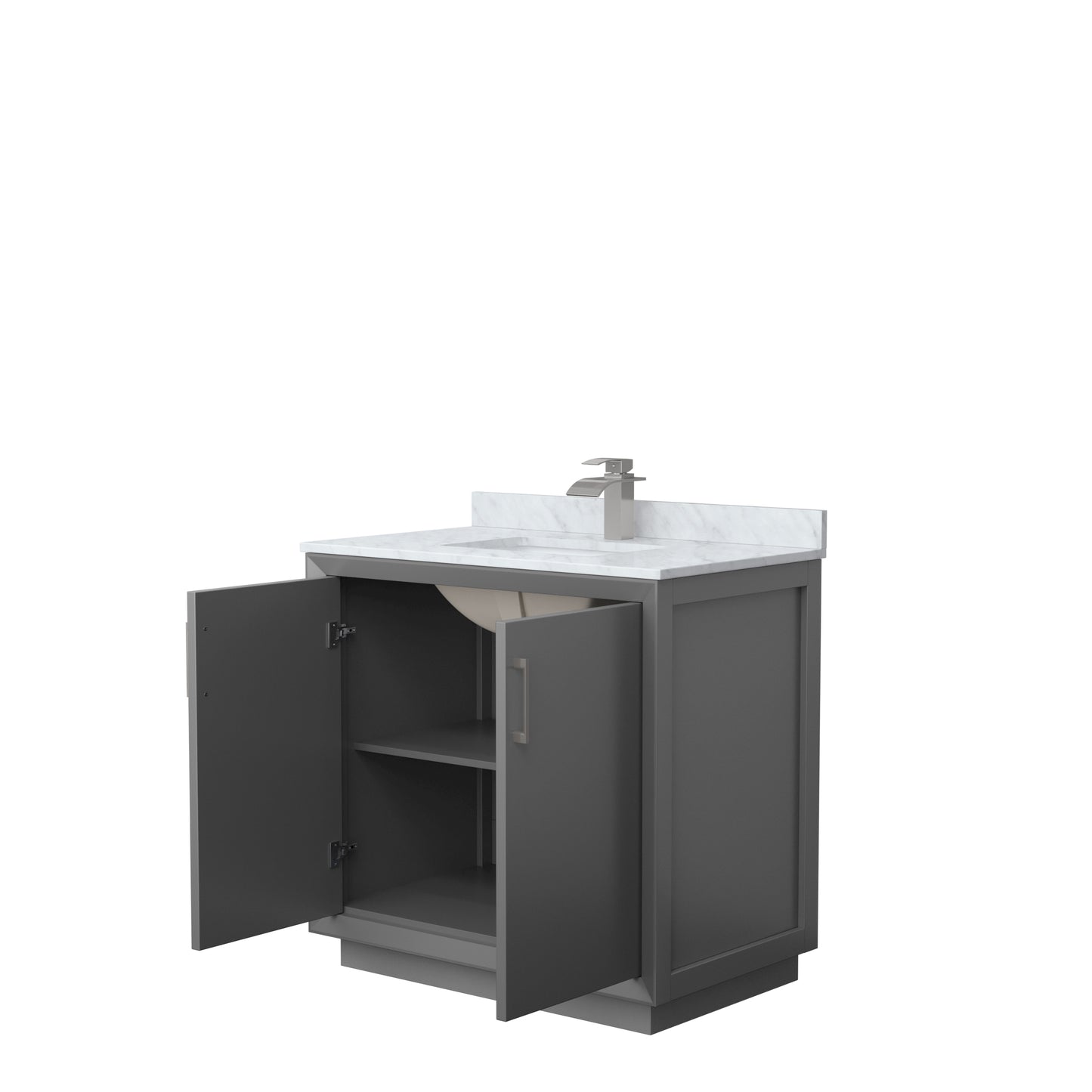 Strada 36" Single Vanity in Gray, White Carrara Marble Top, Sink, Nickel Trim