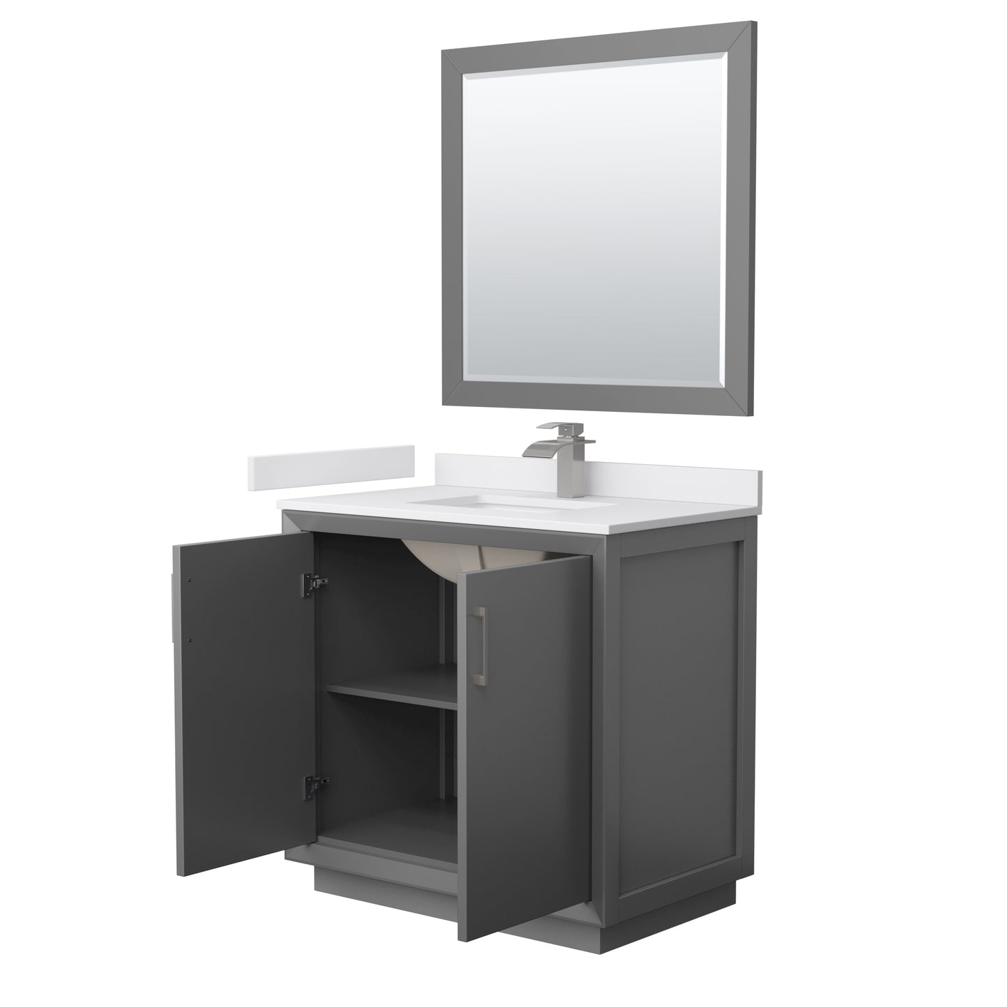Strada 36" Gray Single Vanity, White Marble Top, Sink, Nickel Trim, 34" Mirror