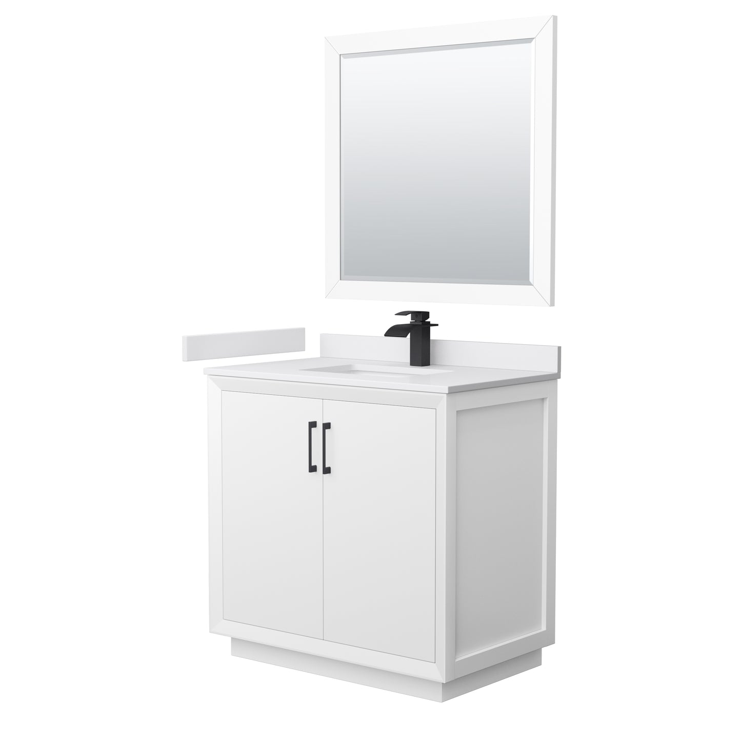 Strada 36" White Single Vanity, White Marble Top, Sink, Black Trim, 34" Mirror