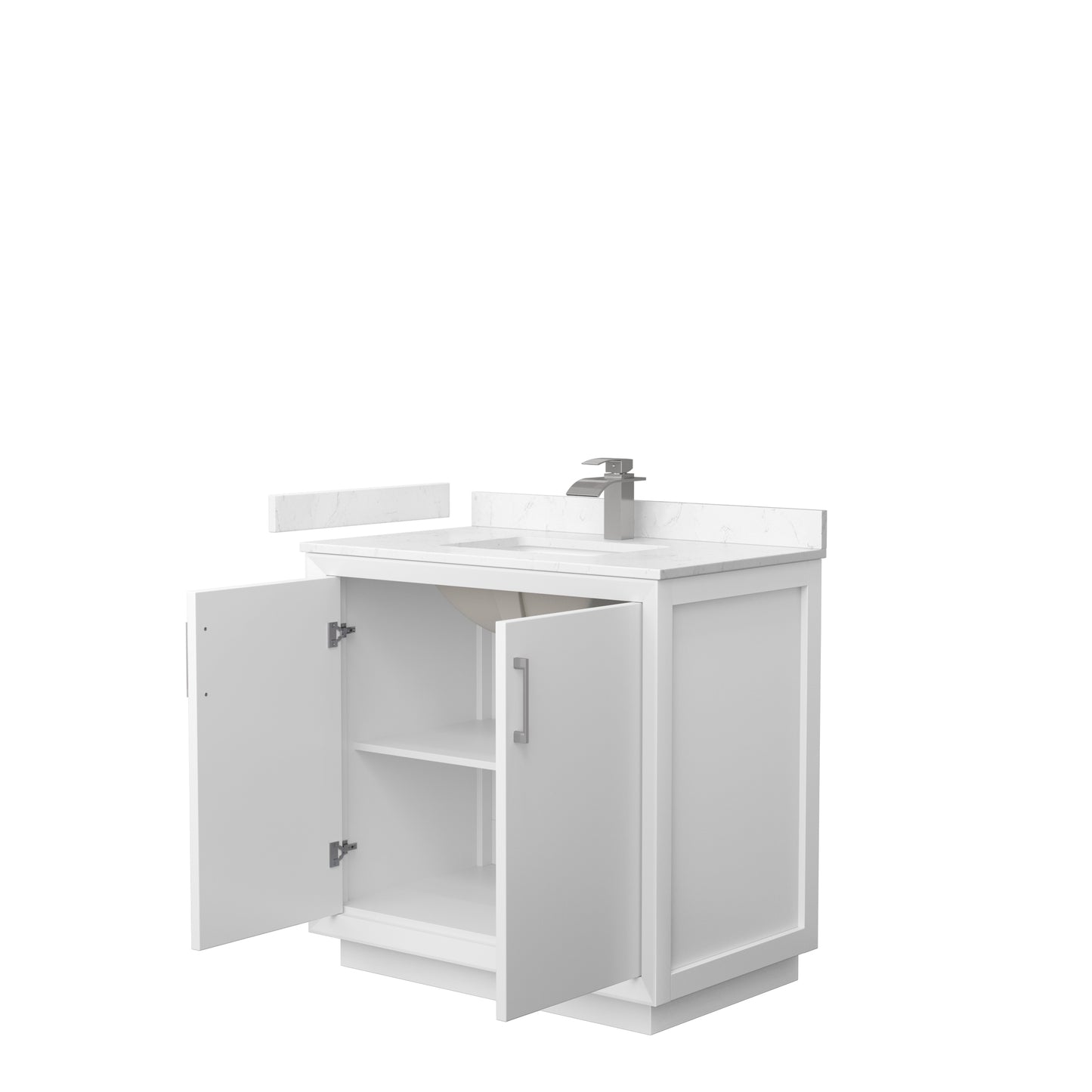 Strada 36" Single Vanity in White, Carrara Marble Top, Sink, Nickel Trim