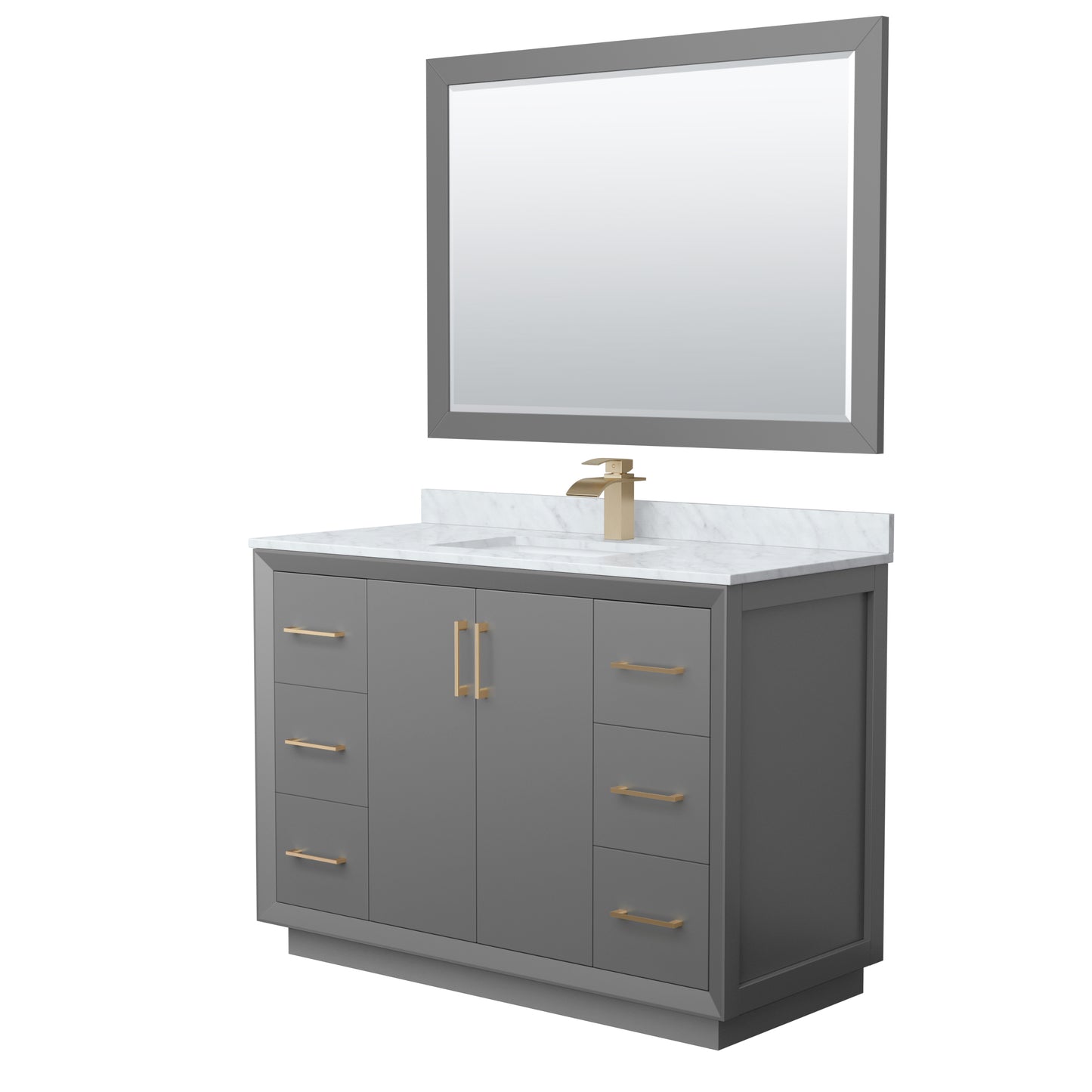 Strada 48" Single Vanity in Gray, Marble Top, Sink, Bronze Trim, 46" Mirror