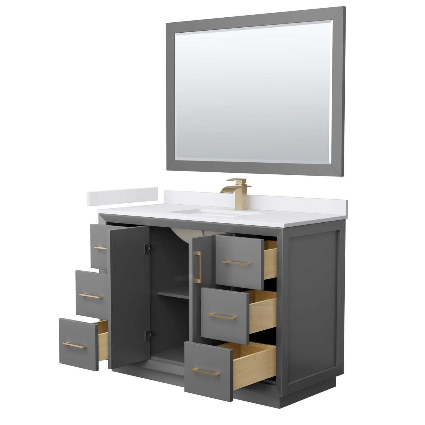 Strada 48" Gray Single Vanity, White Marble Top, Sink, Bronze Trim, 46" Mirror