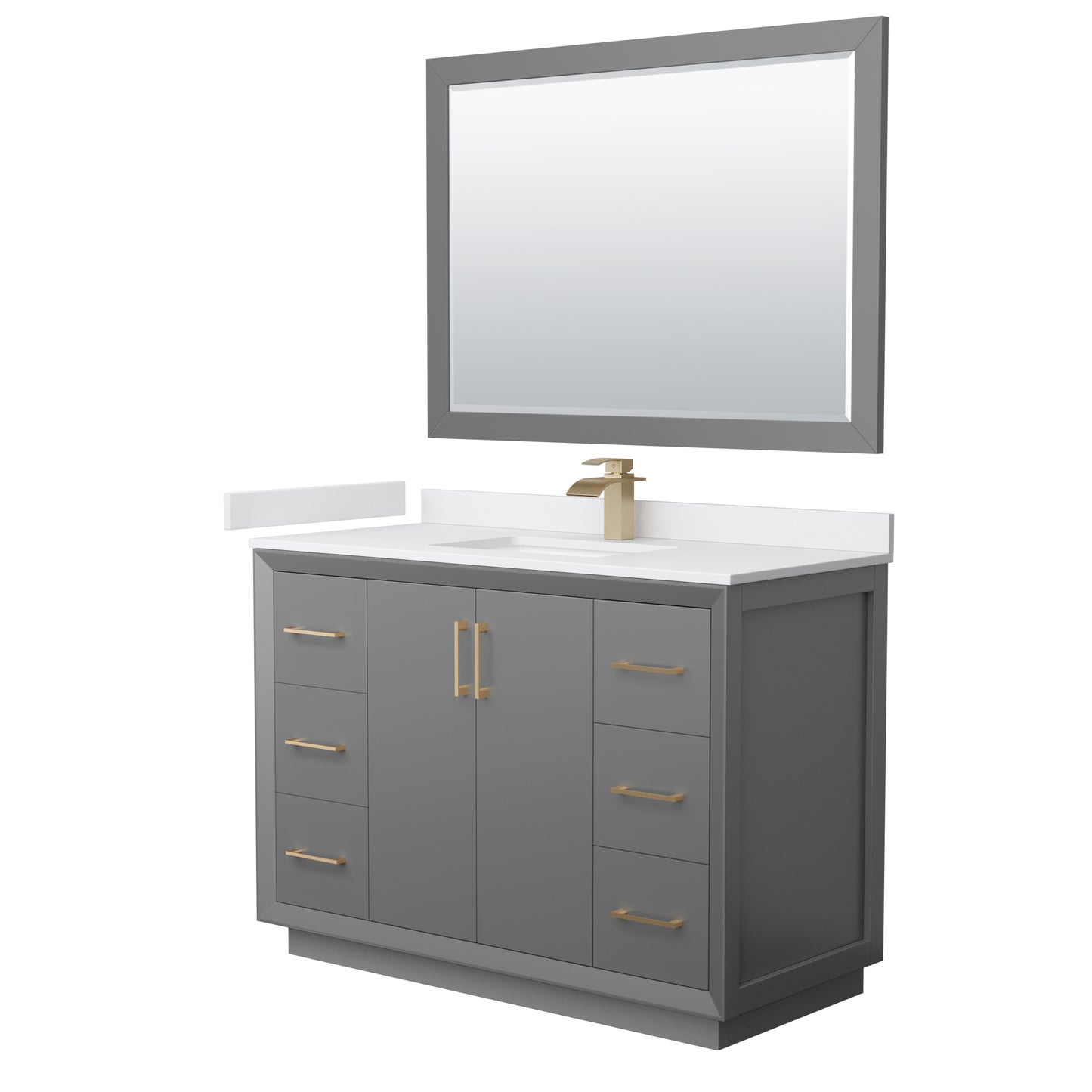 Strada 48" Gray Single Vanity, White Marble Top, Sink, Bronze Trim, 46" Mirror