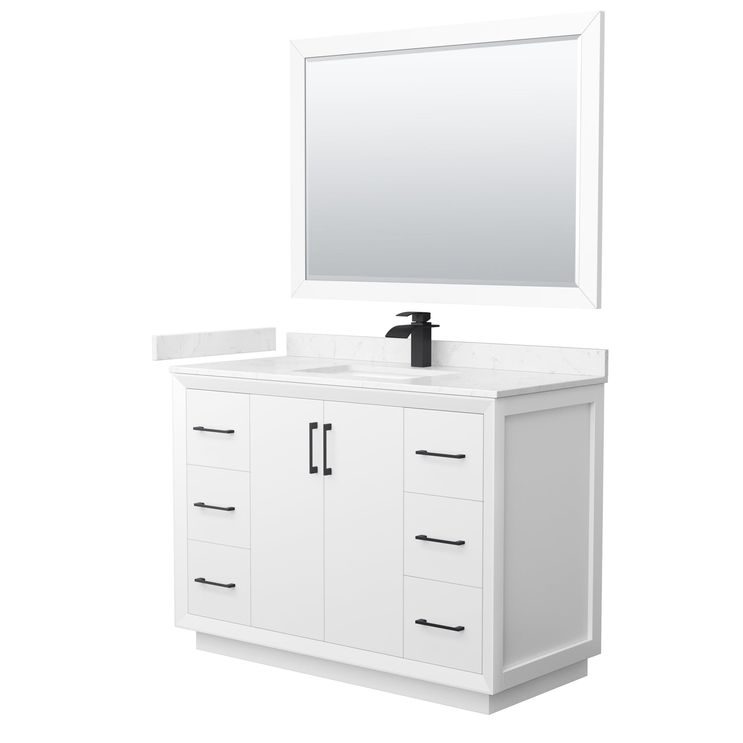 Strada 48" White Single Vanity, Carrara Marble Top, Sink, Black Trim, 46" Mirror