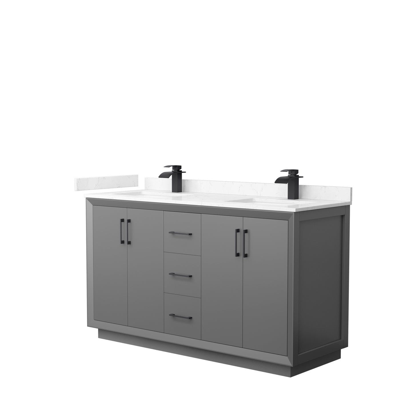 Strada 60" Double Vanity in Gray, Carrara Marble Top, Sink, Black Trim