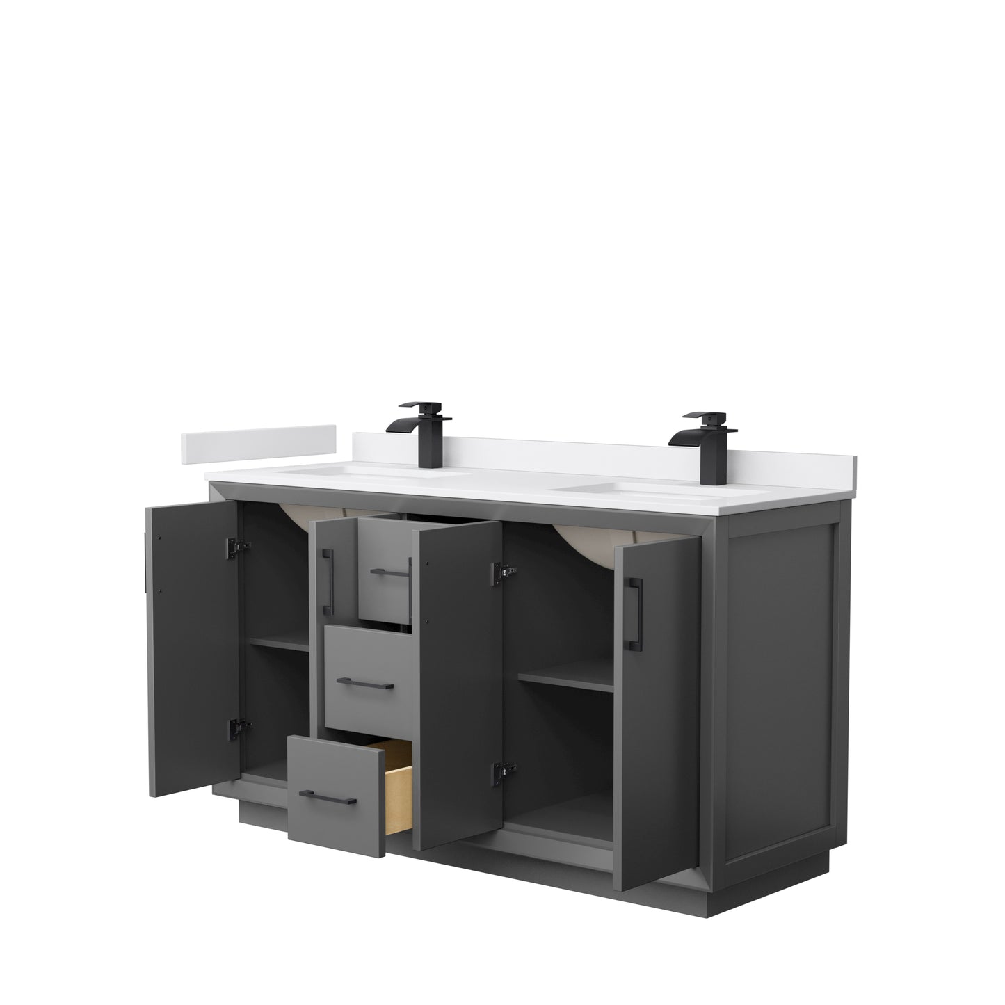 Strada 60" Double Vanity in Gray, White Marble Top, Sink, Black Trim