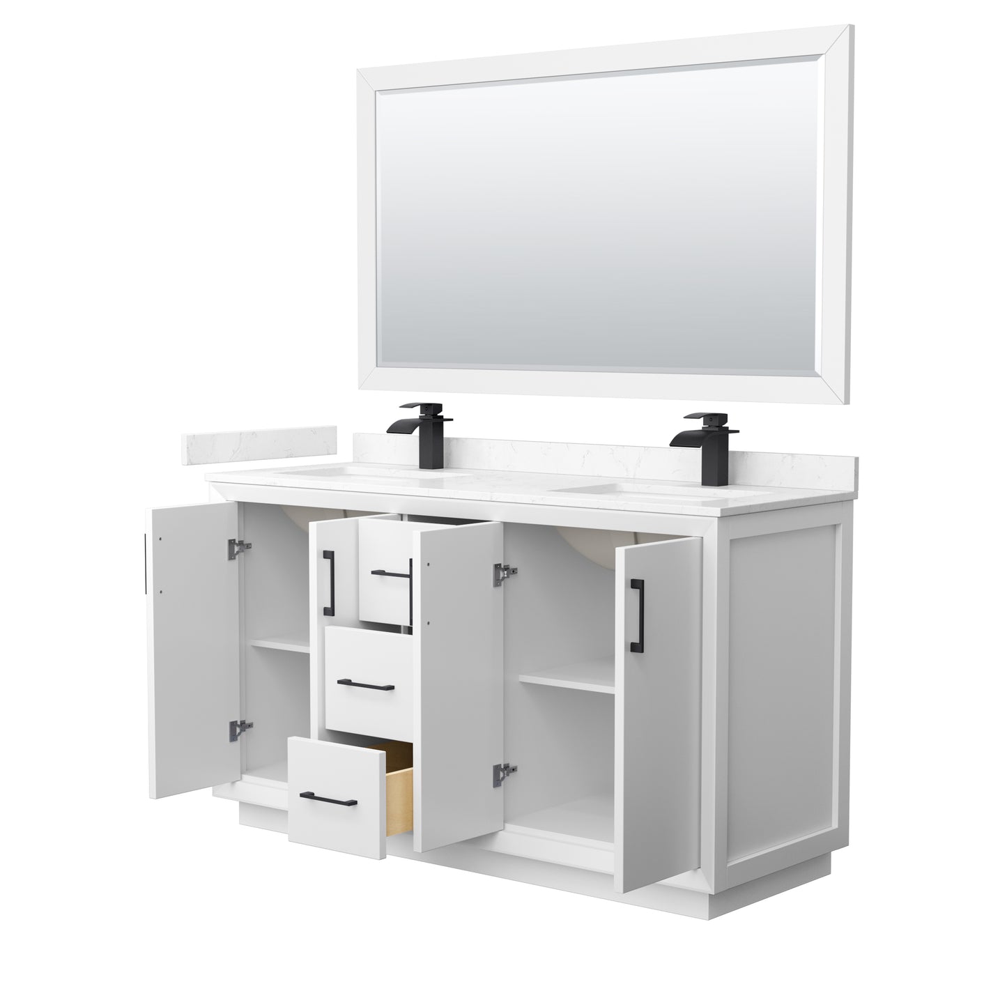 Strada 60" White Double Vanity, Carrara Marble Top, Sink, Black Trim, 58" Mirror