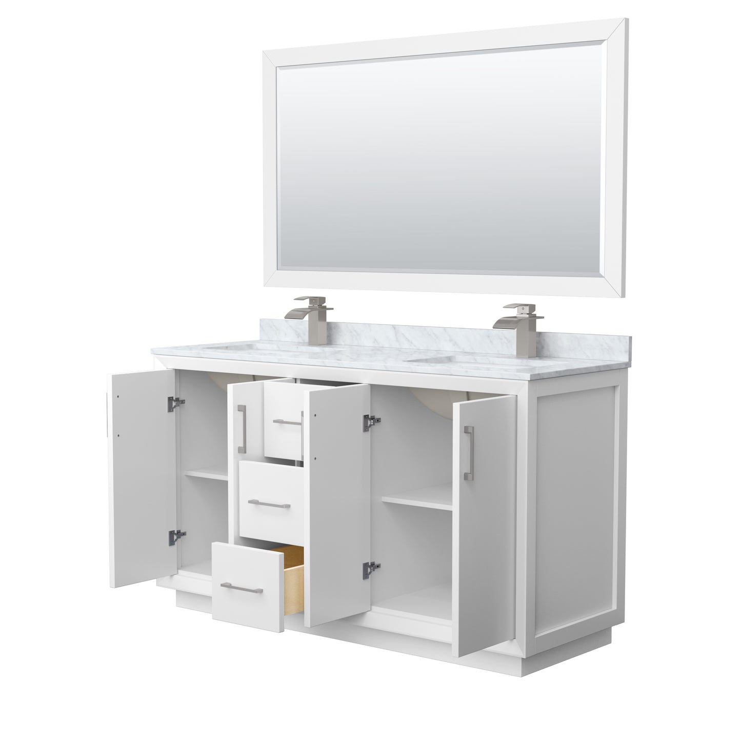 Strada 60" Double Vanity in White, Marble Top, Sink, Nickel Trim, 58" Mirror