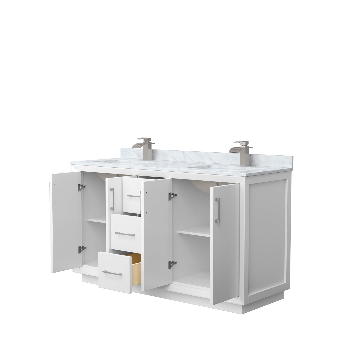 Strada 60" Double Vanity in White, White Carrara Marble Top, Sink, Nickel Trim