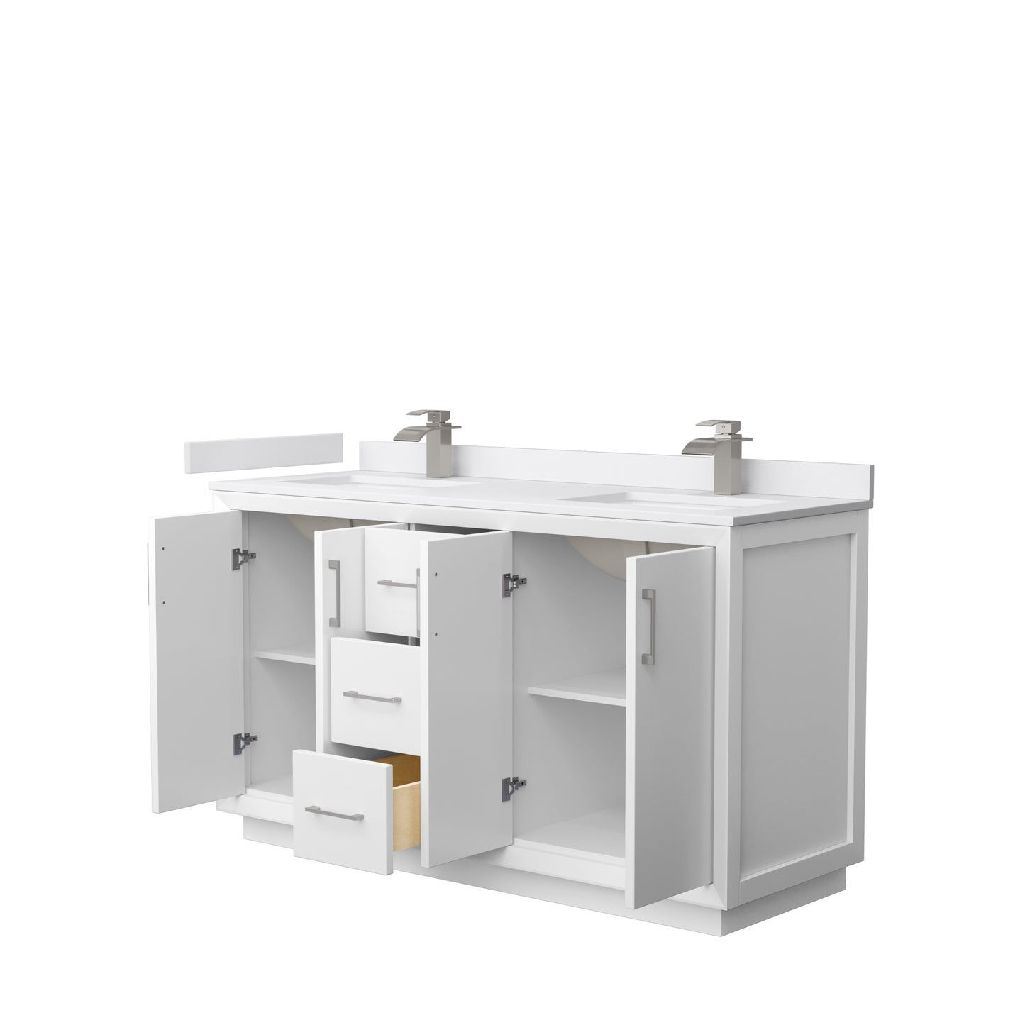 Strada 60" Double Vanity in White, White Marble Top, Sink, Nickel Trim