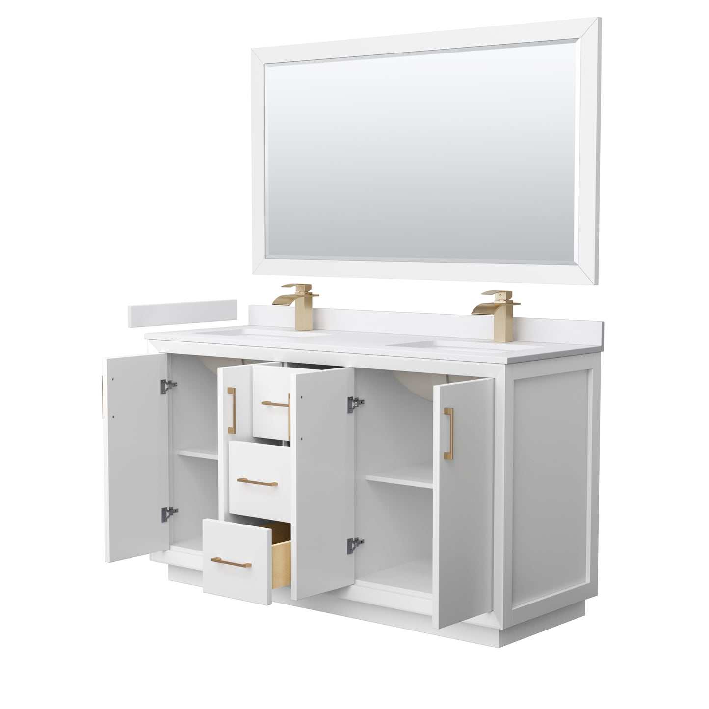 Strada 60" White Double Vanity, White Marble Top, Sink, Bronze Trim, 58" Mirror