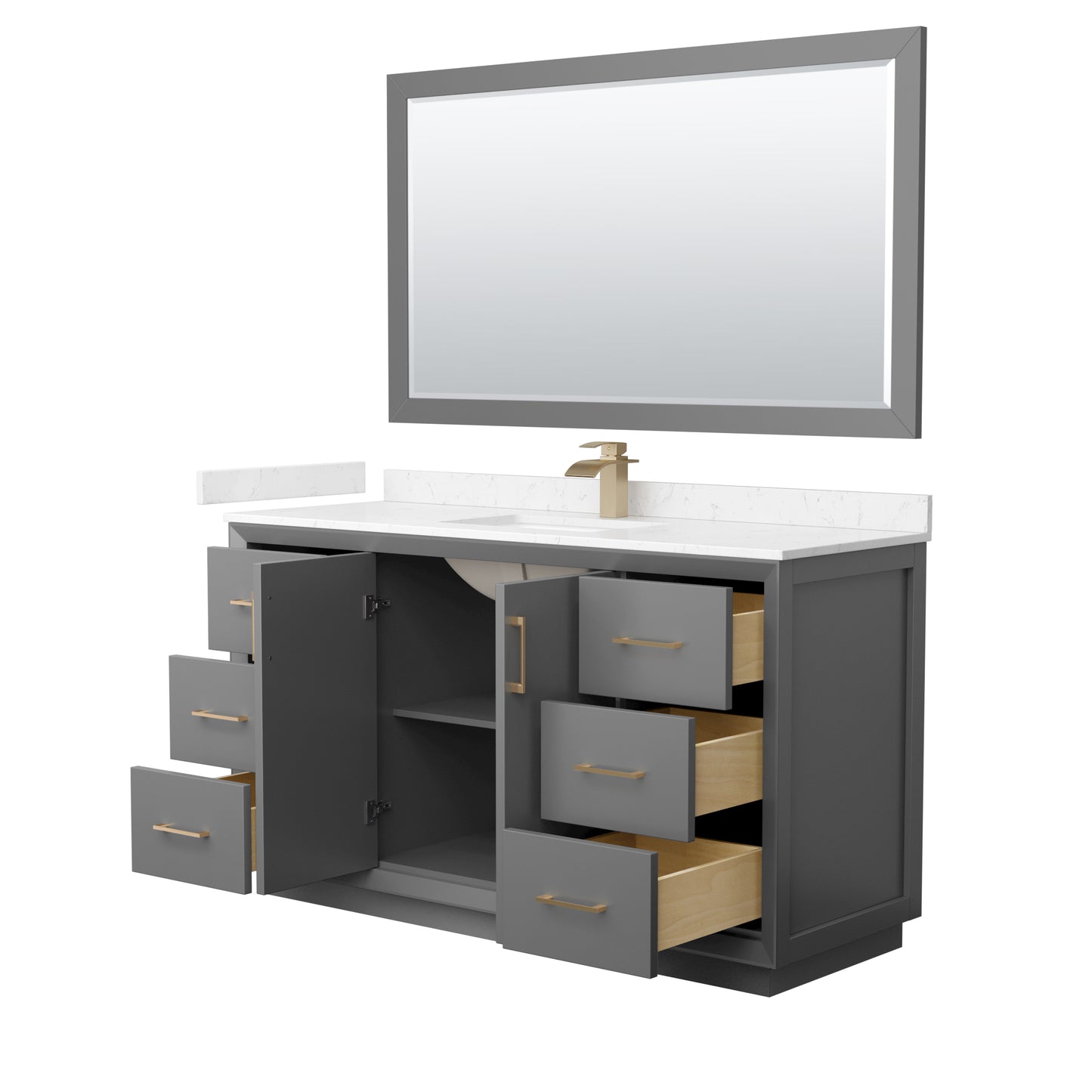 Strada 60" Gray Single Vanity, Carrara Marble Top, Sink, Bronze Trim, 58" Mirror