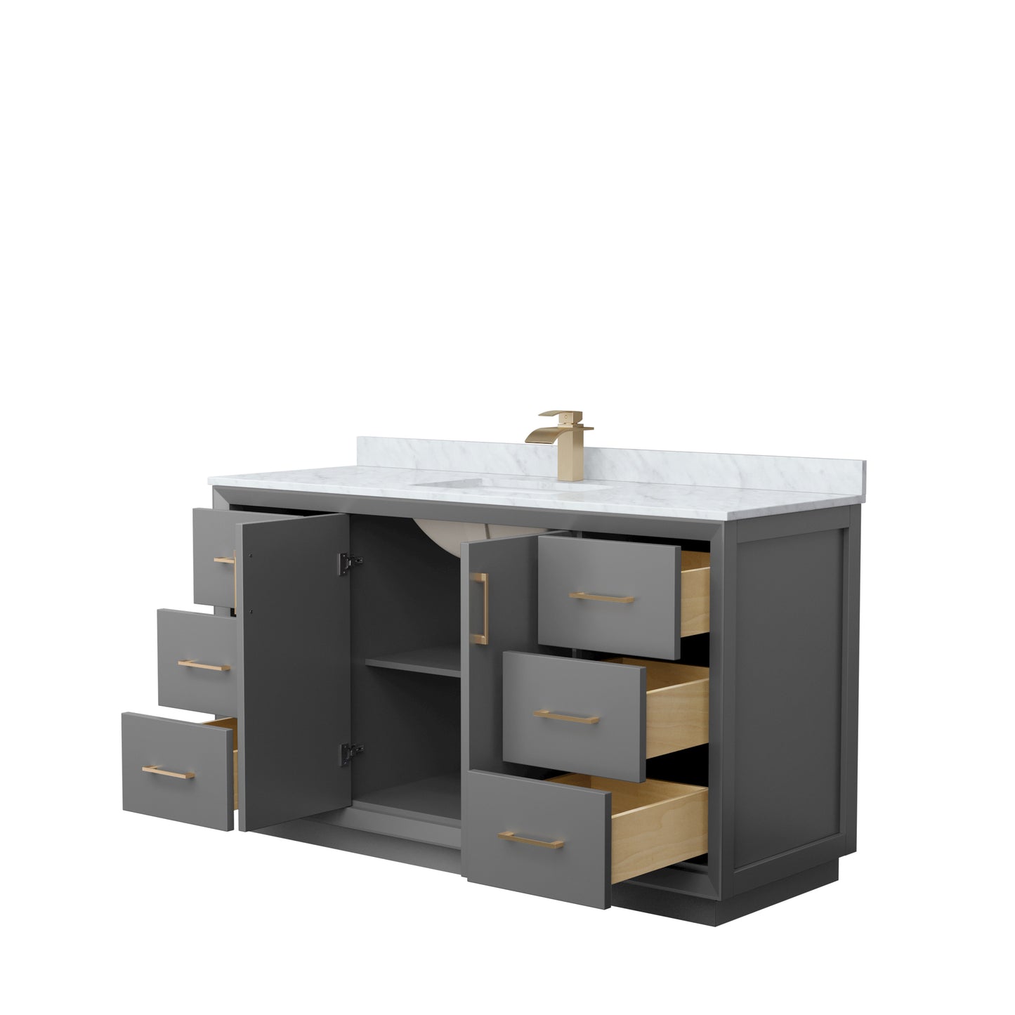 Strada 60" Single Vanity in Gray, White Carrara Marble Top, Sink, Bronze Trim