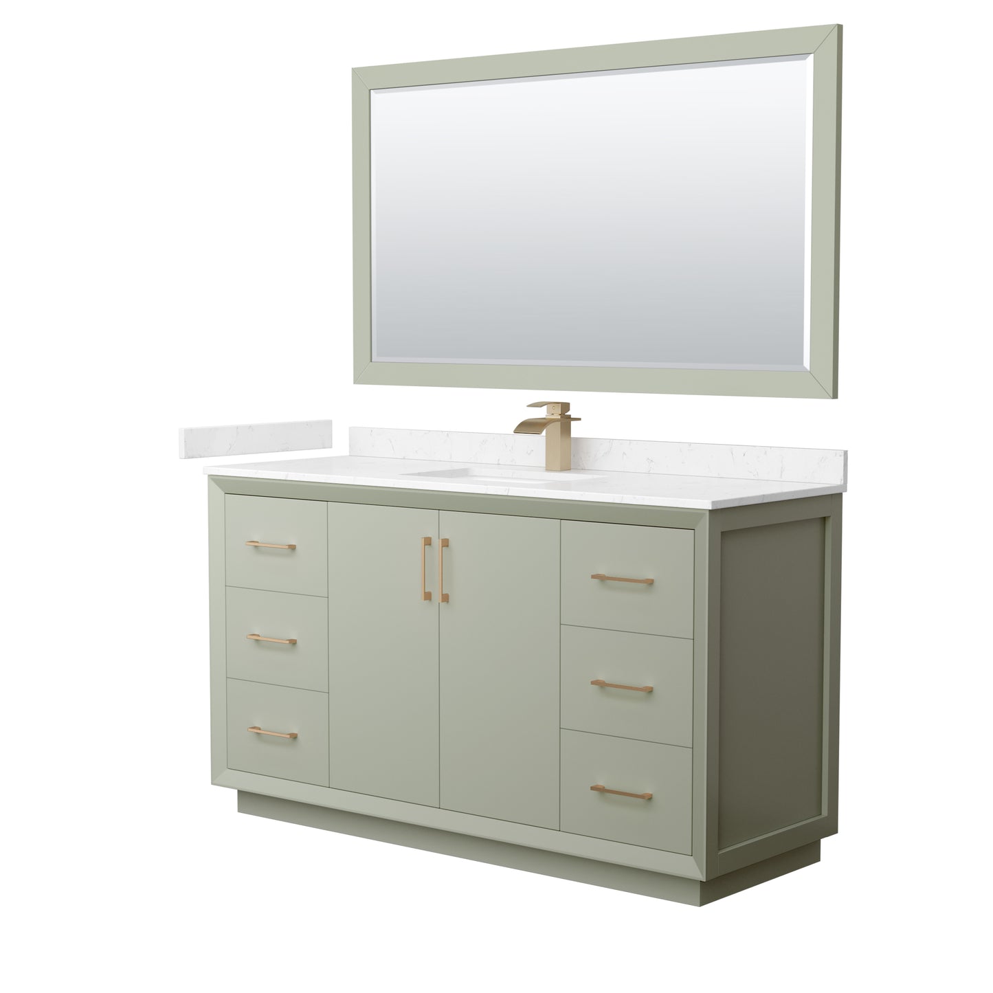 Strada 60" Green Single Vanity, Marble Top, Sink, Bronze Trim, 58" Mirror