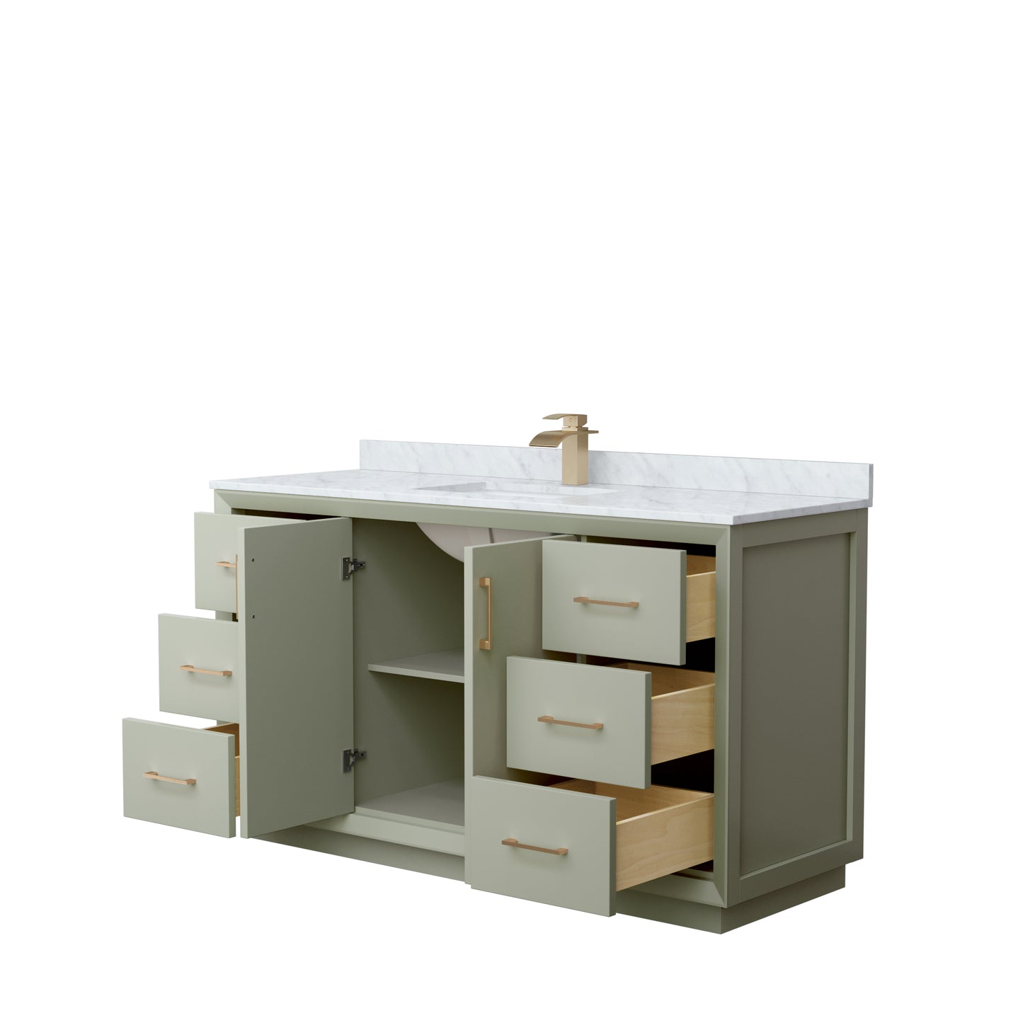Strada 60" Single Vanity in Green, White Carrara Marble Top, Sink, Bronze Trim