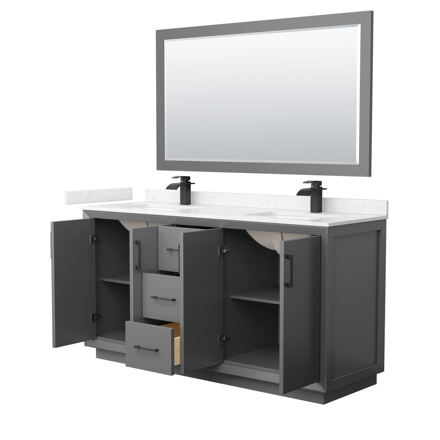 Strada 66" Gray Double Vanity, Carrara Marble Top, Sink, Black Trim, 58" Mirror