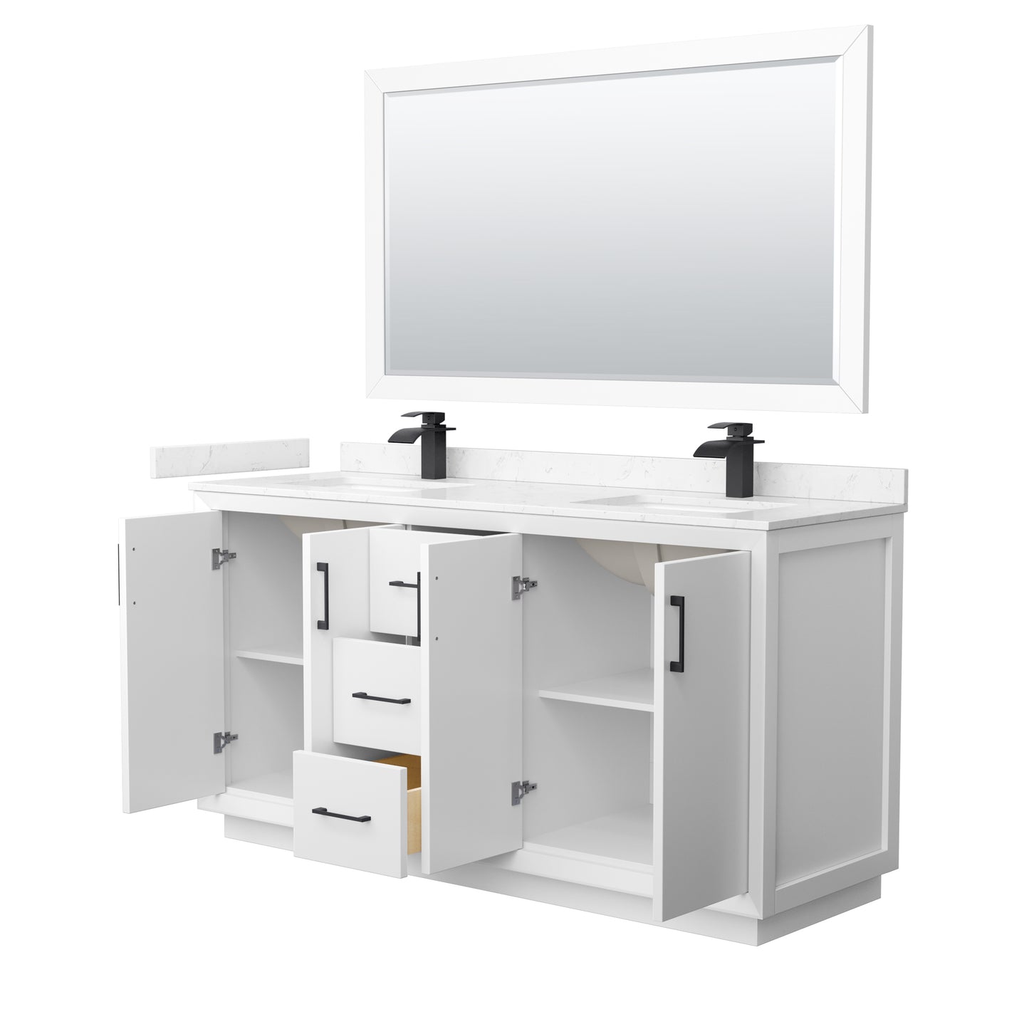 Strada 66" White Double Vanity, Carrara Marble Top, Sink, Black Trim, 58" Mirror