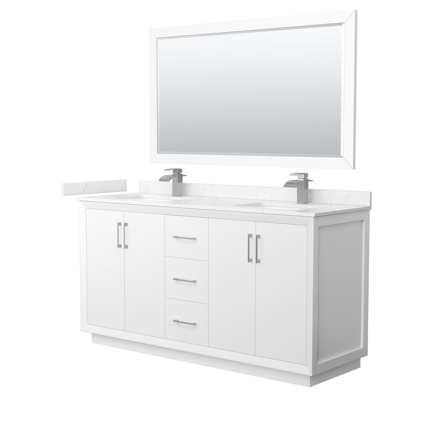 Strada 66" White Double Vanity, Marble Top, Sink, Nickel Trim, 58" Mirror