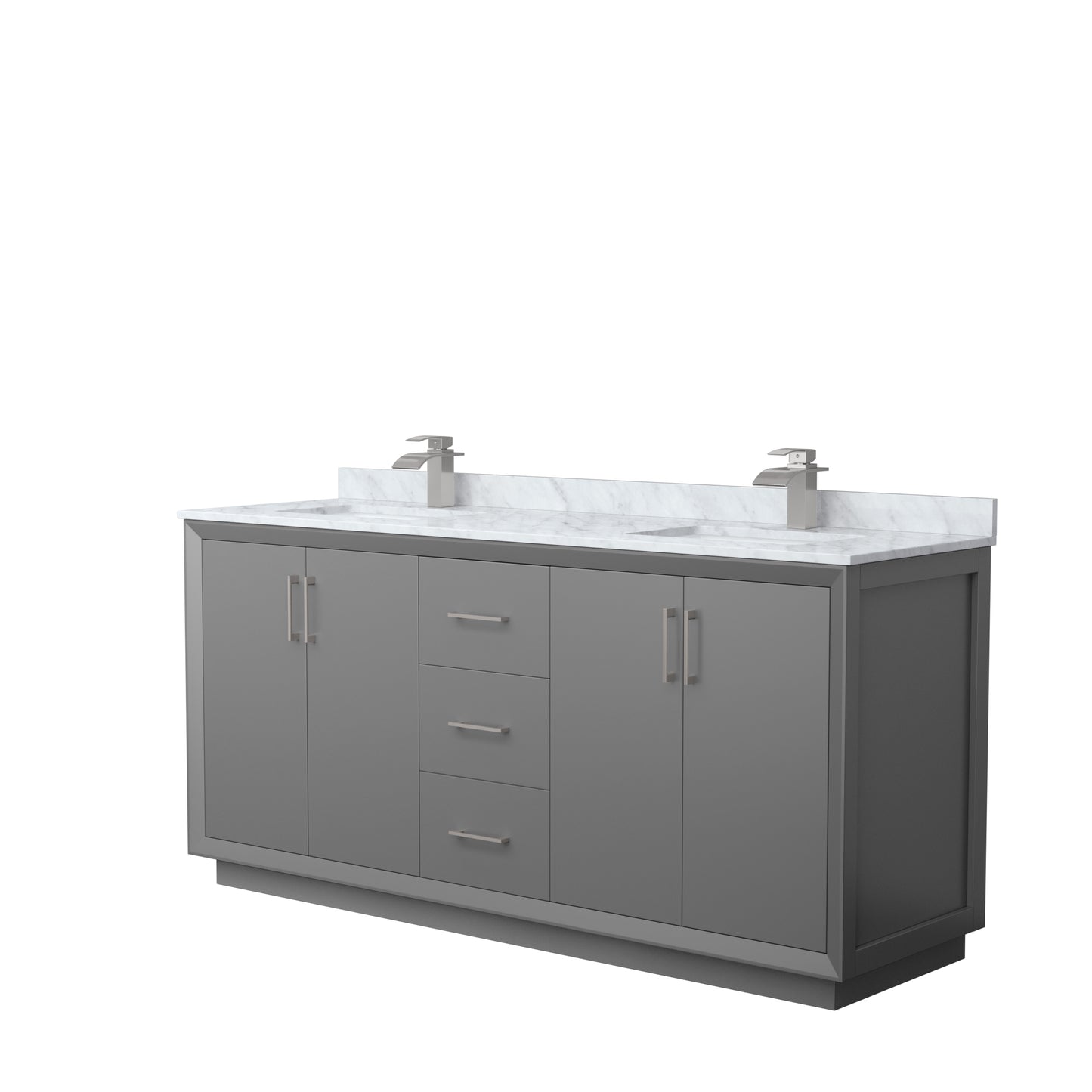 Strada 72" Double Vanity in Gray, White Carrara Marble Top, Sink, Nickel Trim