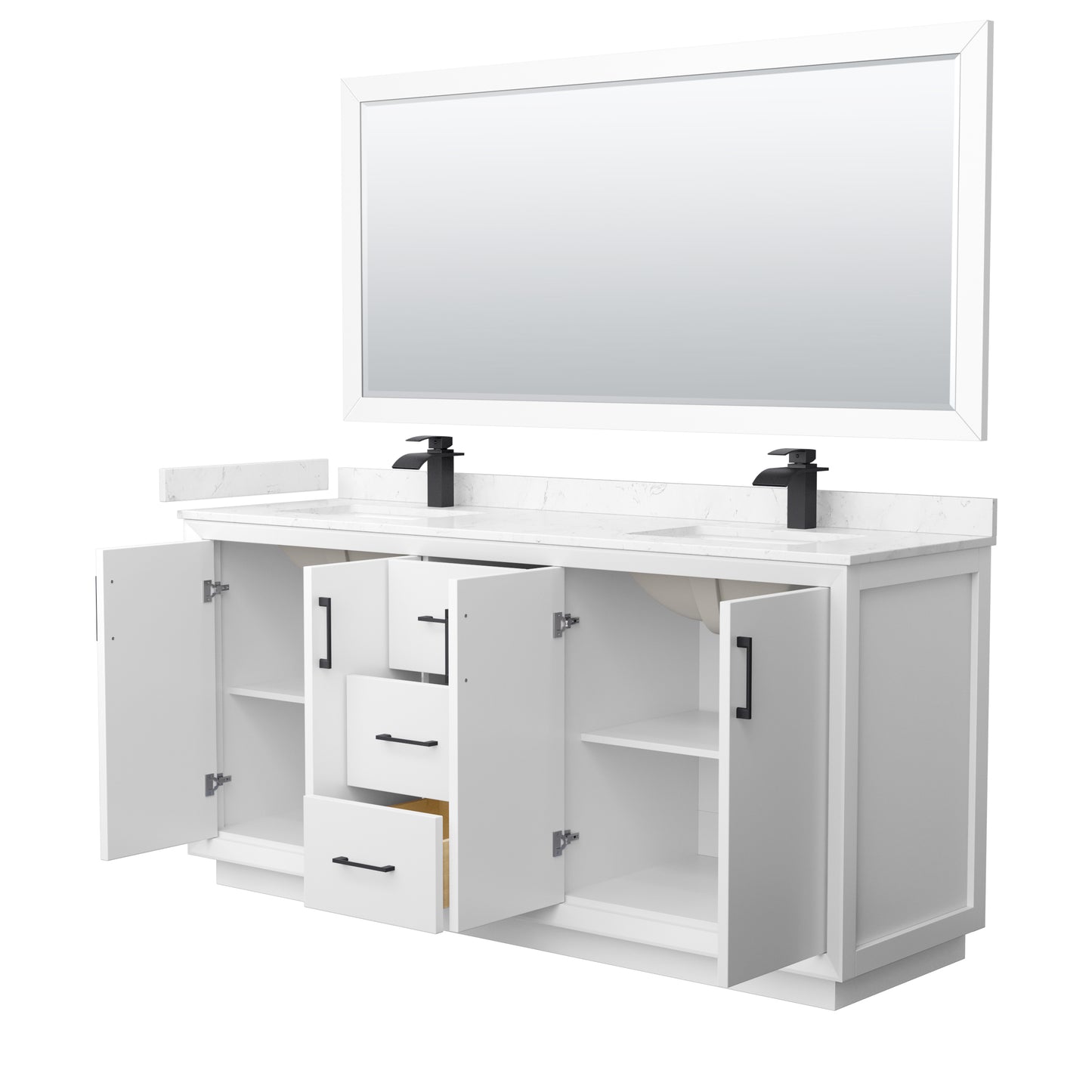 Strada 72" White Double Vanity, Carrara Marble Top, Sink, Black Trim, 70" Mirror