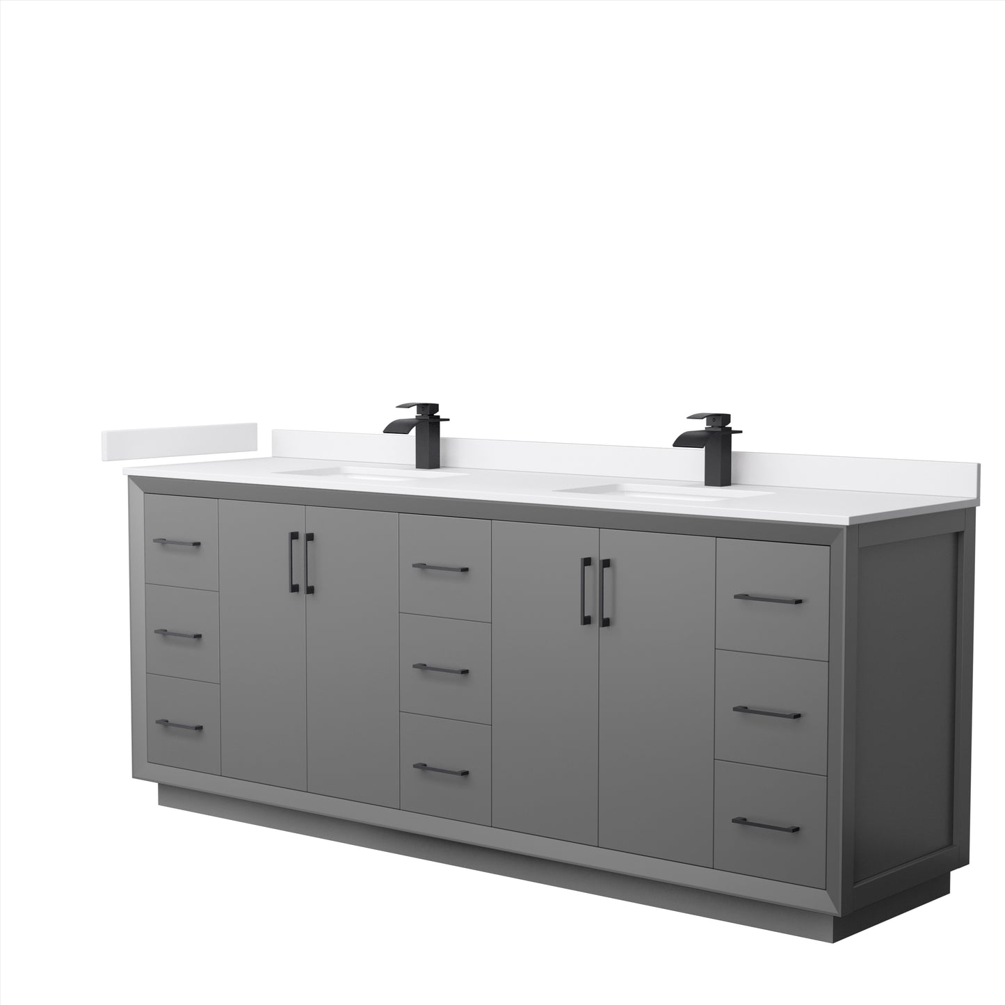 Strada 84" Double Vanity in Gray, White Marble Top, Sink, Black Trim
