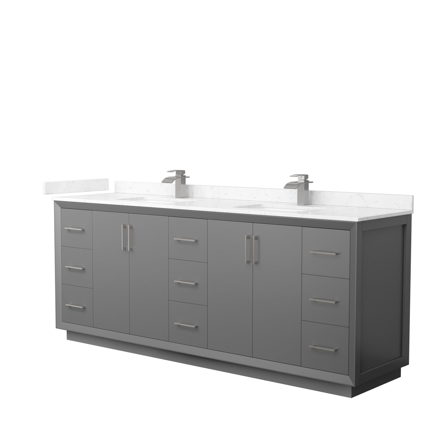 Strada 84" Double Vanity in Gray, Carrara Marble Top, Sink, Nickel Trim