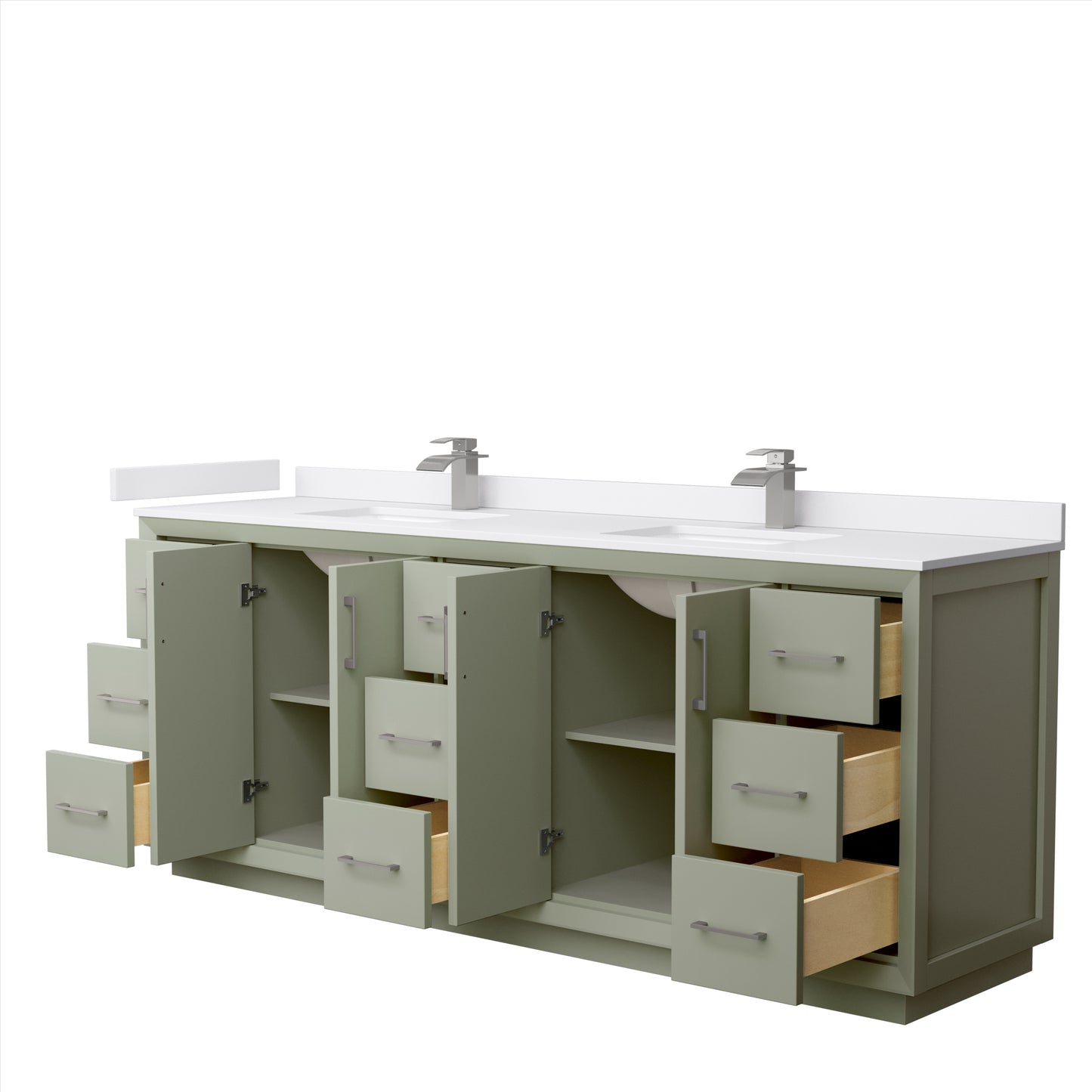 Strada 84" Double Vanity in Green, White Marble Top, Sinks, Nickel Trim