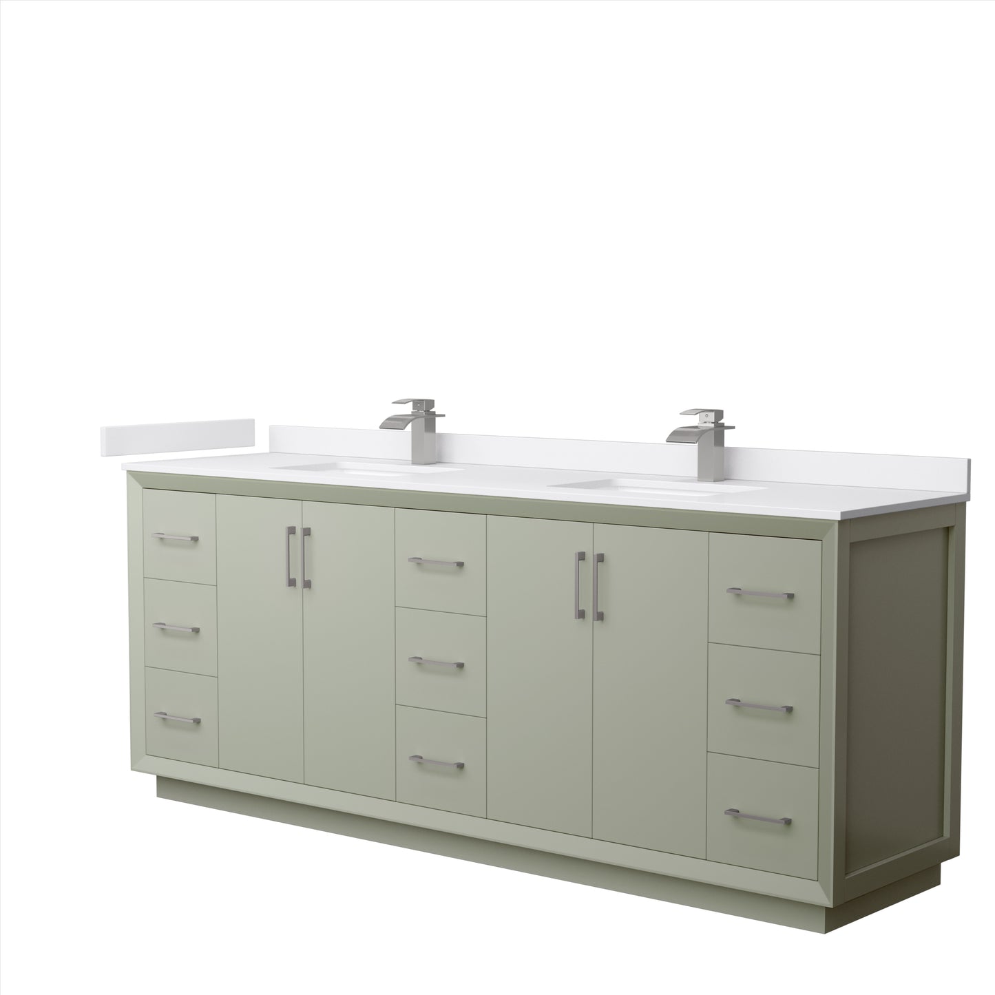 Strada 84" Double Vanity in Green, White Marble Top, Sinks, Nickel Trim
