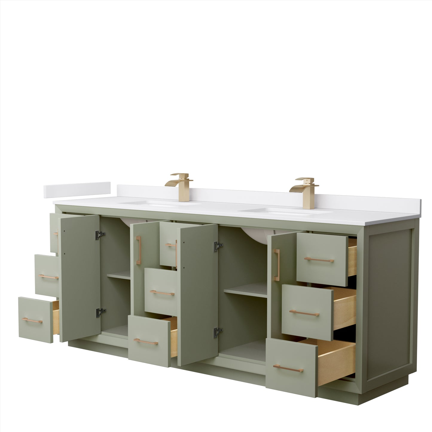 Strada 84" Double Vanity in Green, White Marble Top, Sinks, Bronze Trim