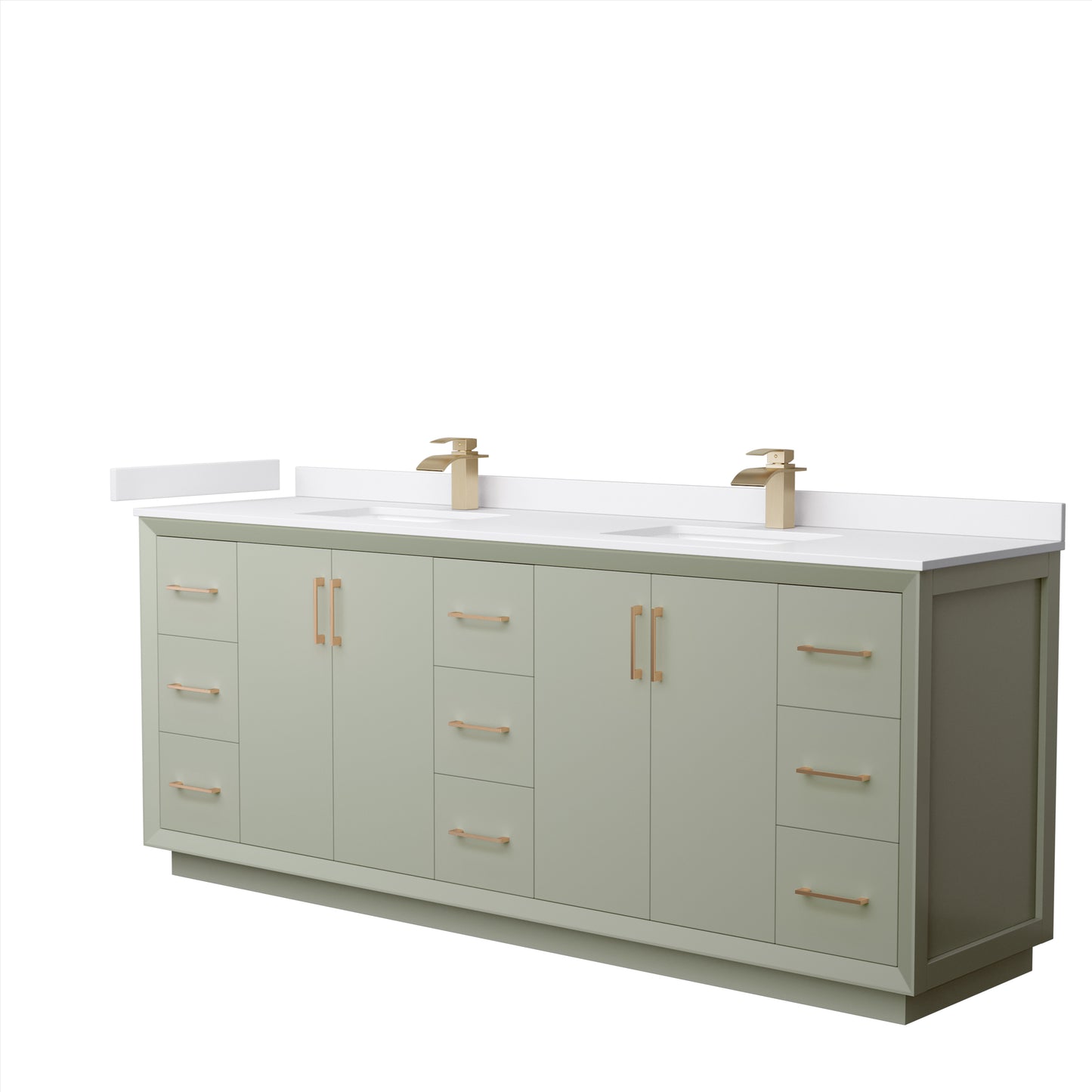 Strada 84" Double Vanity in Green, White Marble Top, Sinks, Bronze Trim