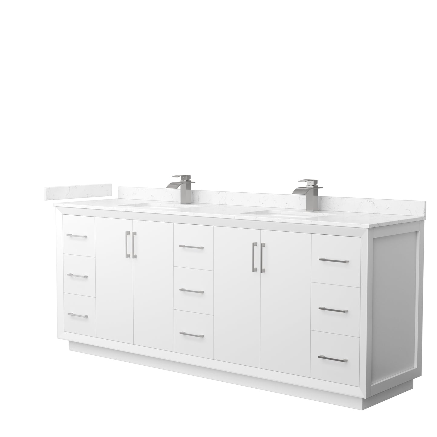 Strada 84" Double Vanity in White, Carrara Marble Top, Sink, Nickel Trim