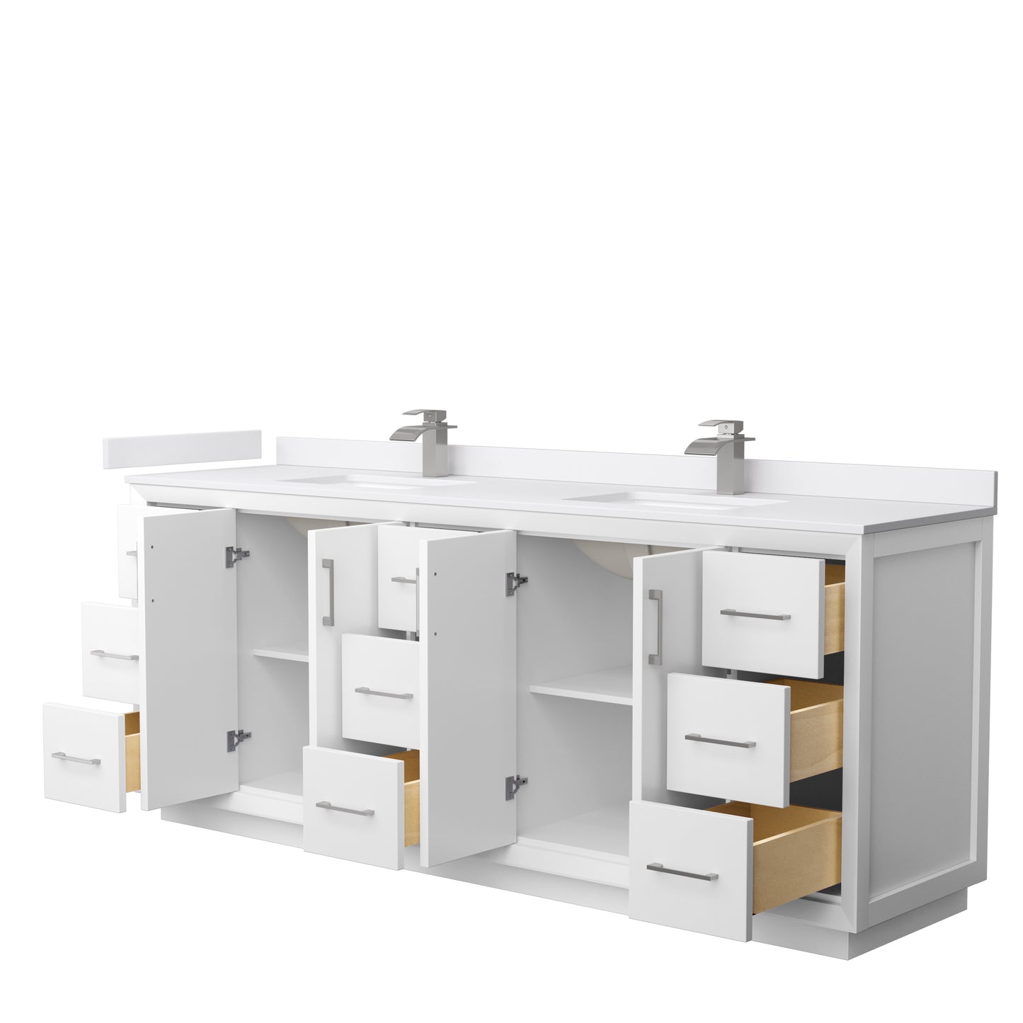 Strada 84" Double Vanity in White, White Marble Top, Sink, Nickel Trim