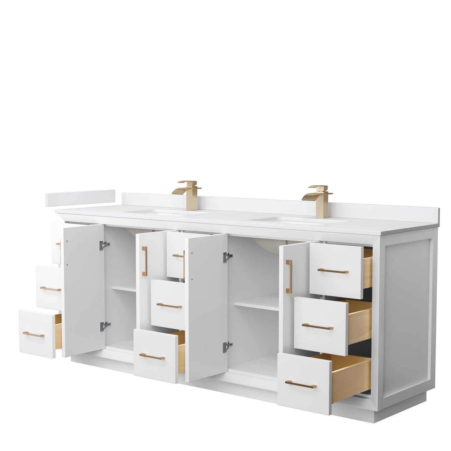 Strada 84" Double Vanity in White, White Marble Top, Sink, Bronze Trim