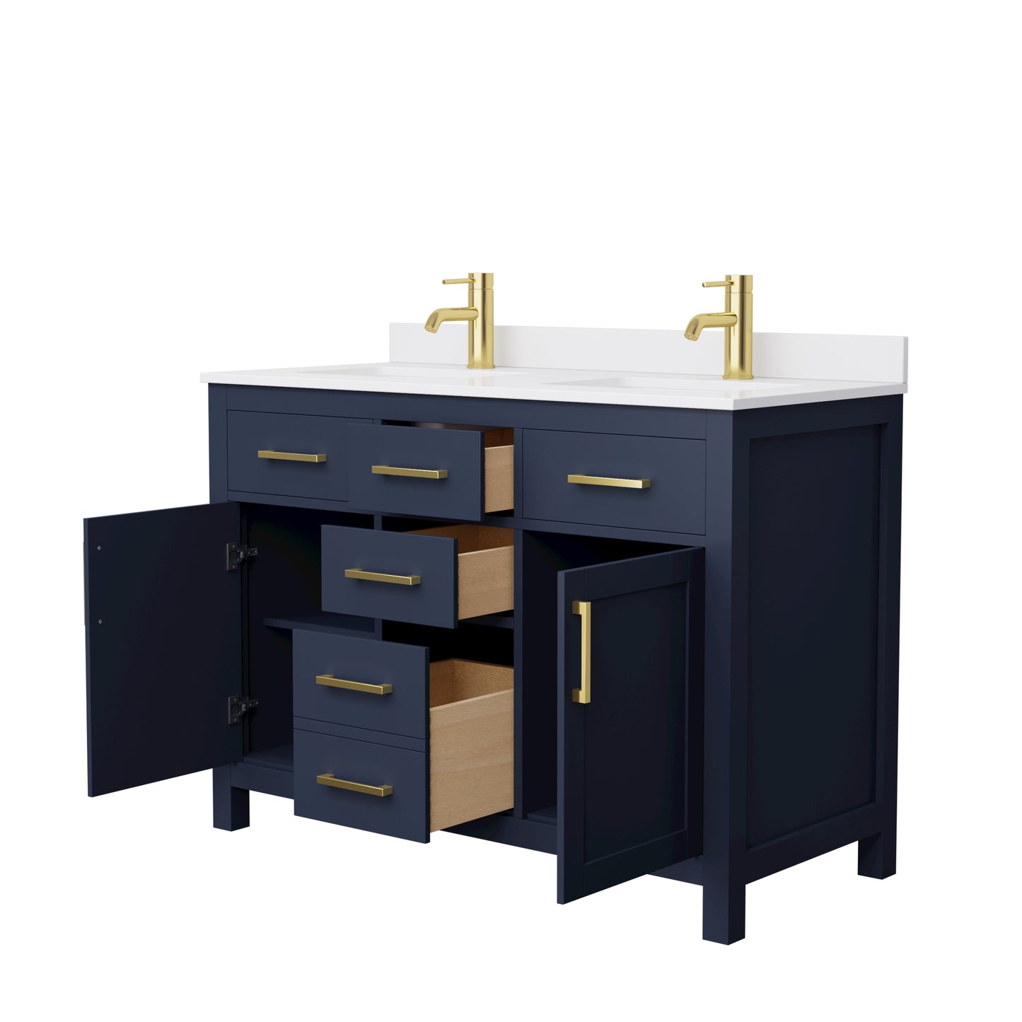 Beckett 48" Double Vanity in Dark Blue, White Cultured Marble Top, Gold Trim