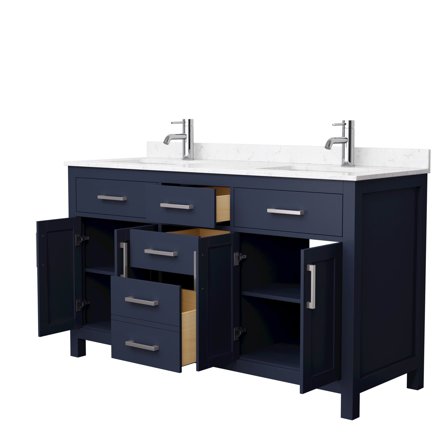 Beckett 60" Double Vanity in Dark Blue, Carrara Cultured Marble Top, Nickel Trim