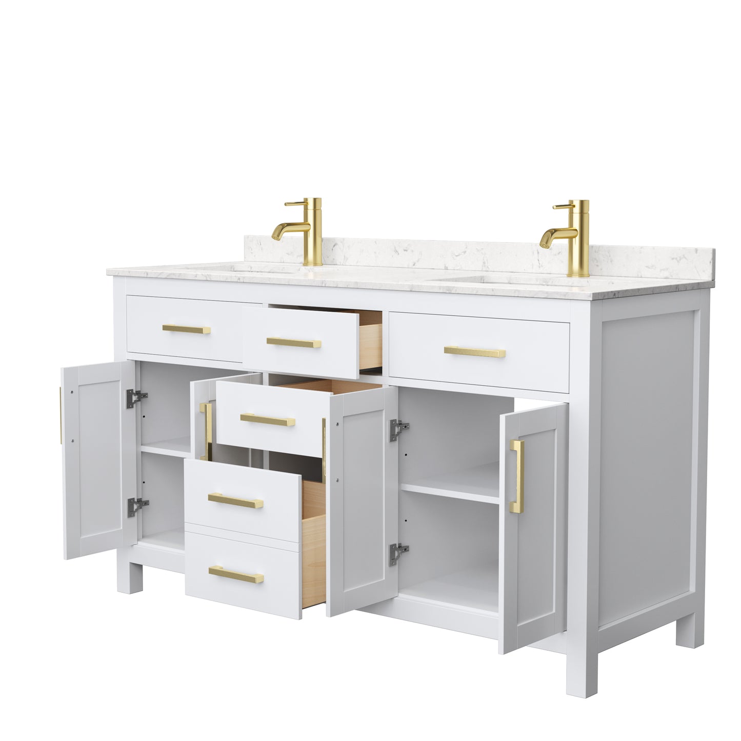 Beckett 60" Double Vanity in White, Carrara Cultured Marble Top, Gold Trim