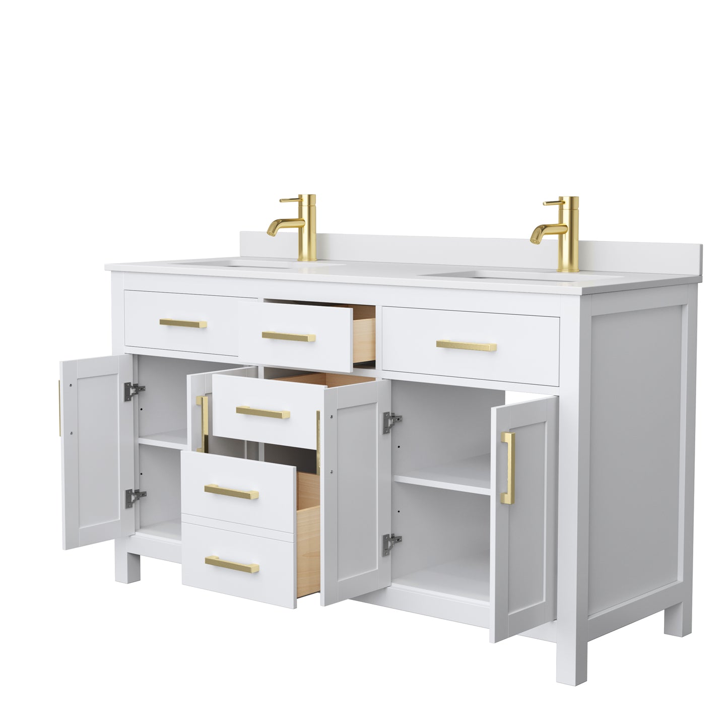 Beckett 60" Double Vanity in White, White Cultured Marble Top, Gold Trim