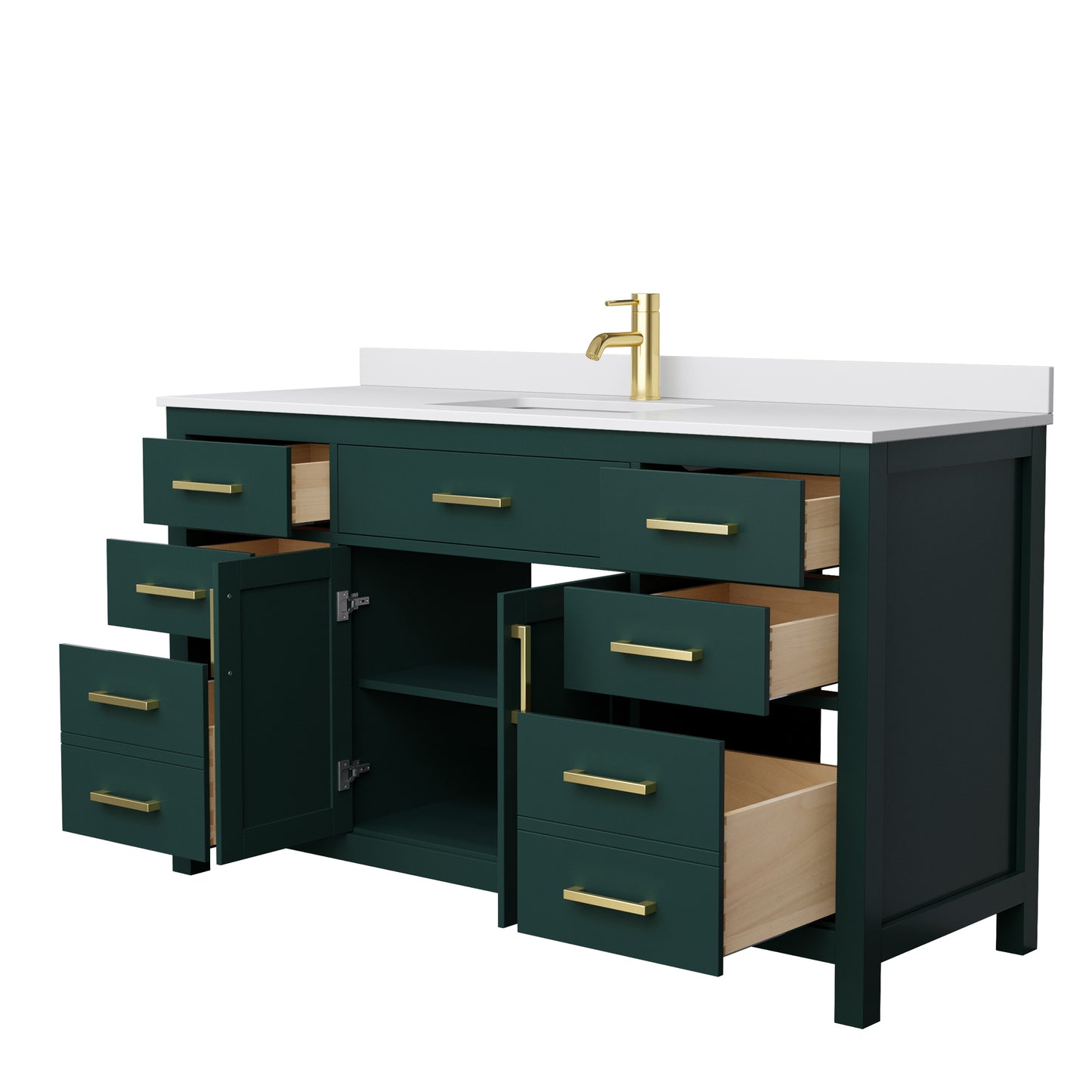 Beckett 60" Single Vanity in Green, White Cultured Marble Top, Gold Trim