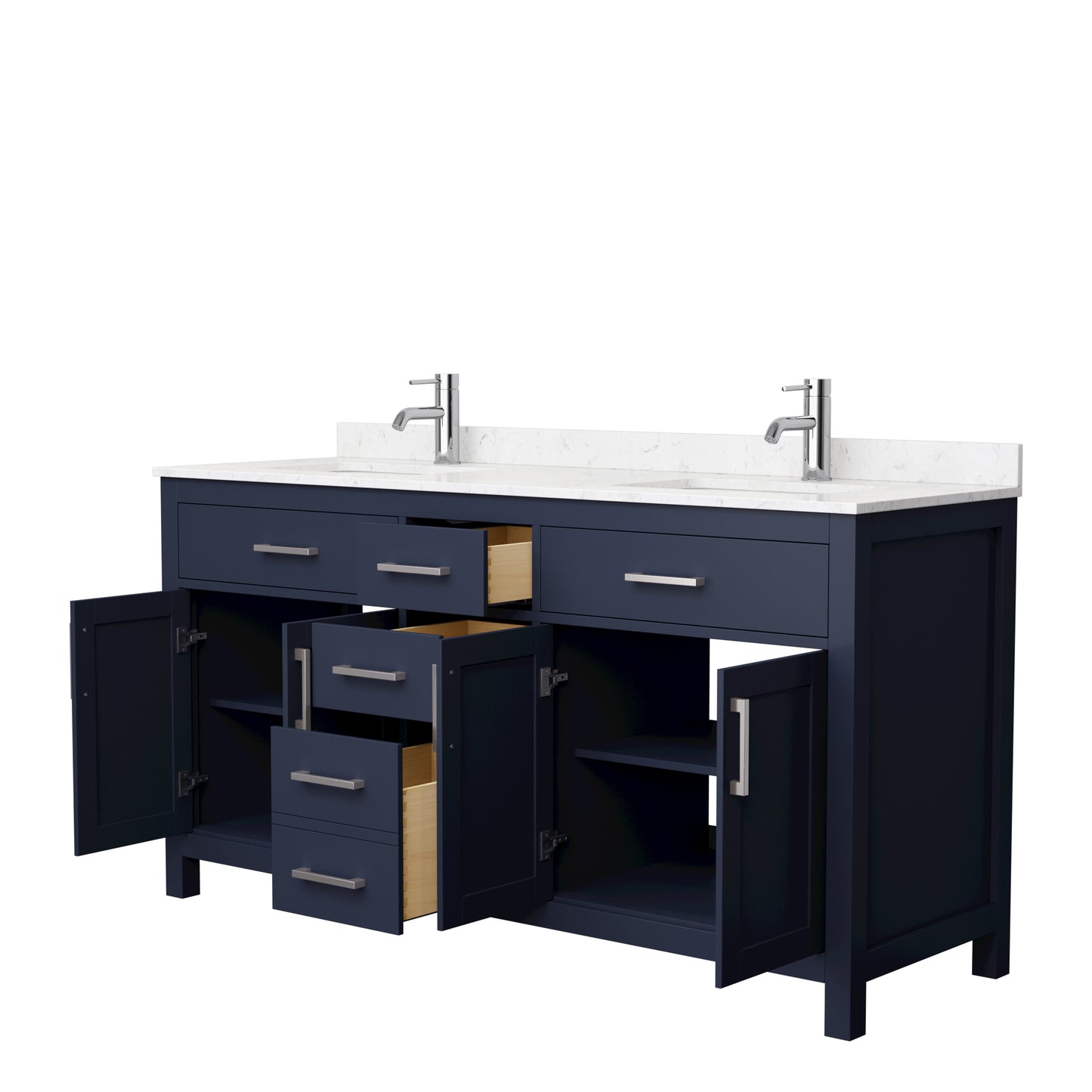 Beckett 66" Double Vanity in Dark Blue, Carrara Cultured Marble Top, Nickel Trim
