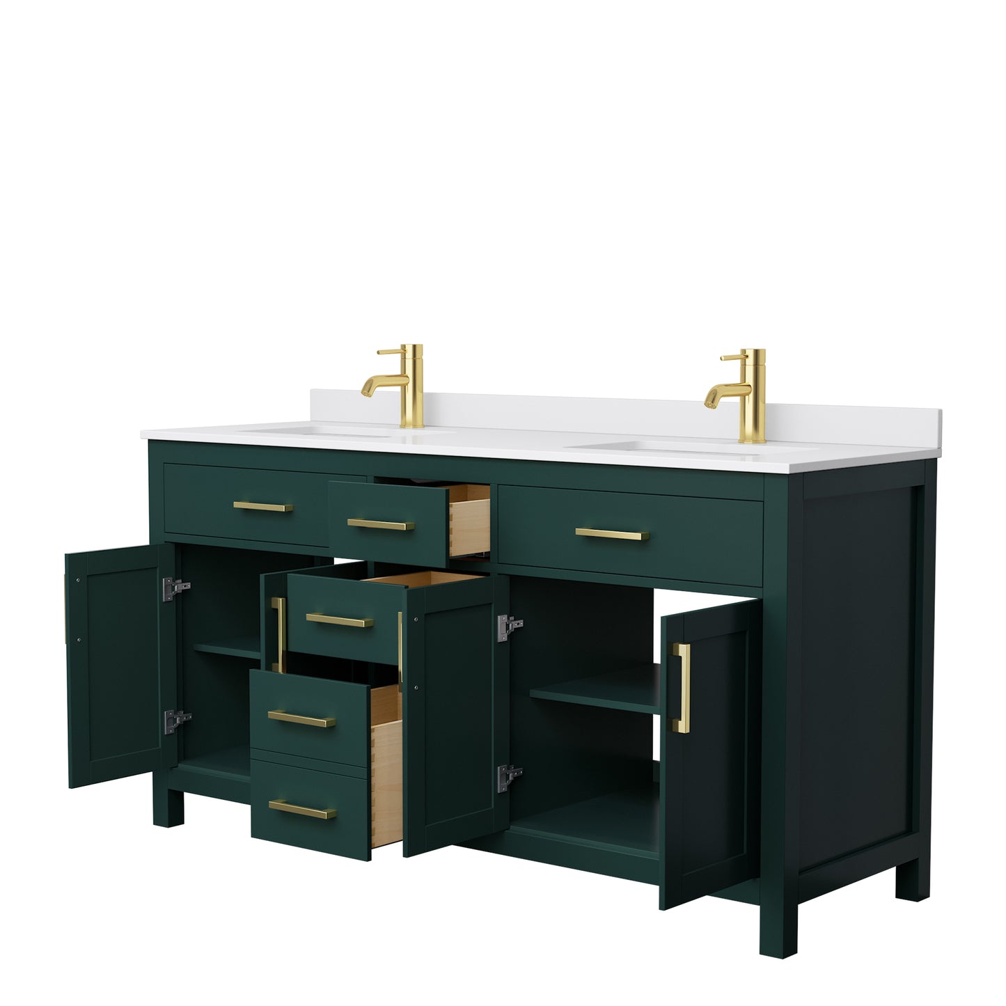 Beckett 66" Double Vanity in Green, White Cultured Marble Top, Gold Trim