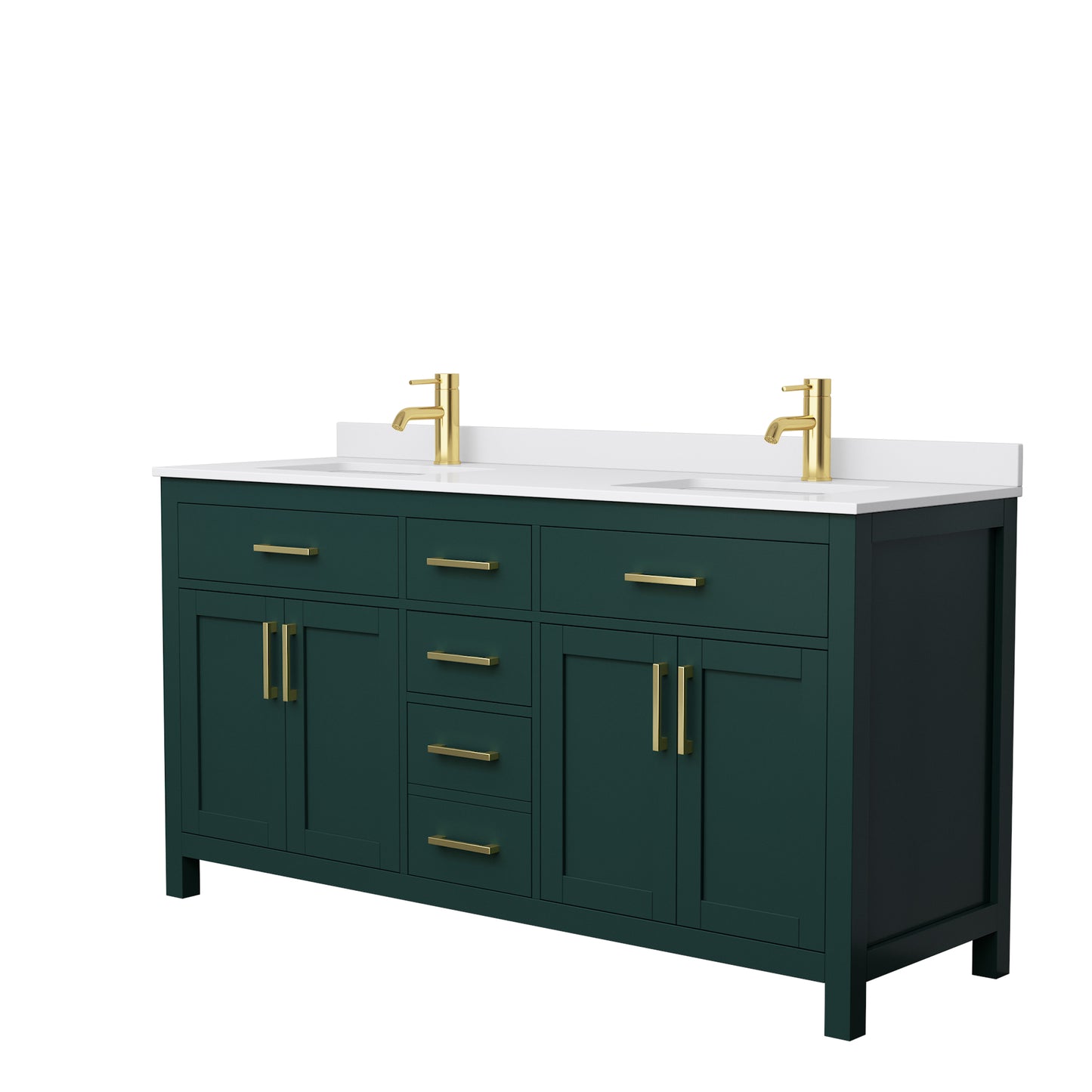 Beckett 66" Double Vanity in Green, White Cultured Marble Top, Gold Trim