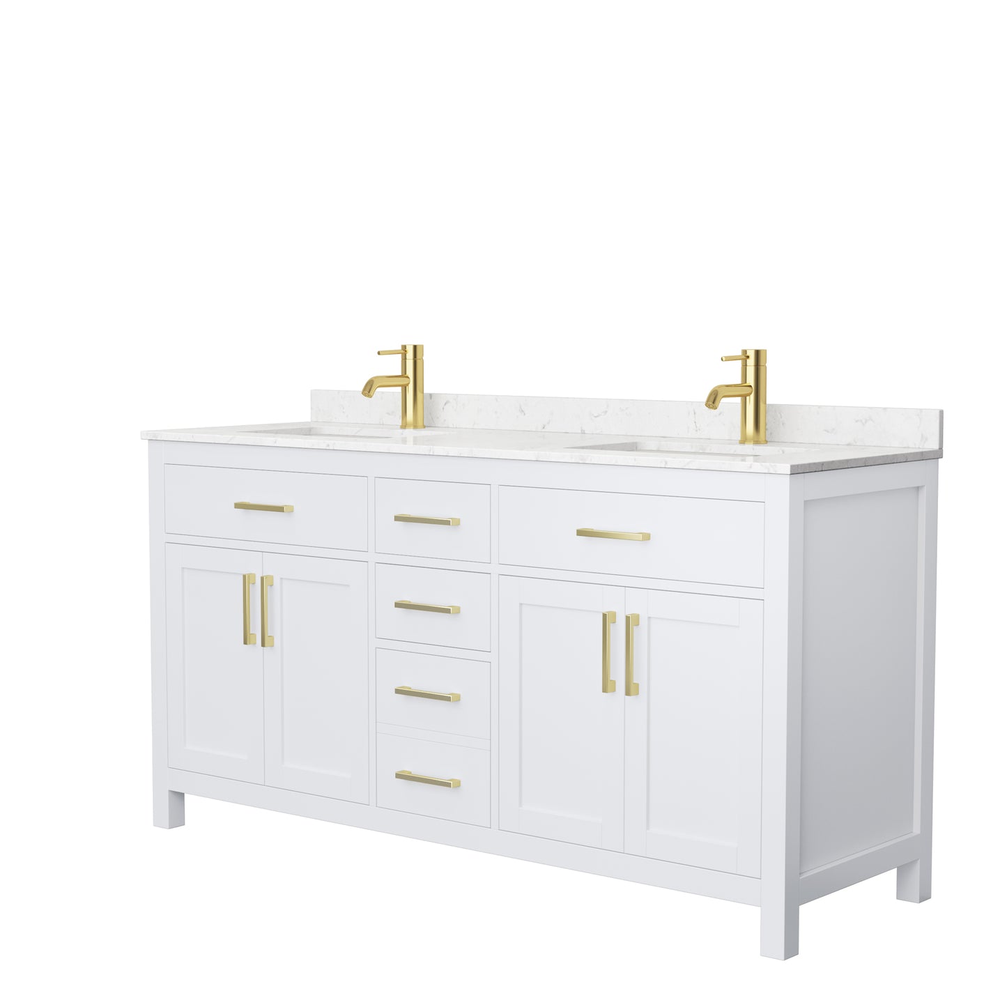 Beckett 66" Double Vanity in White, Carrara Cultured Marble Top, Gold Trim