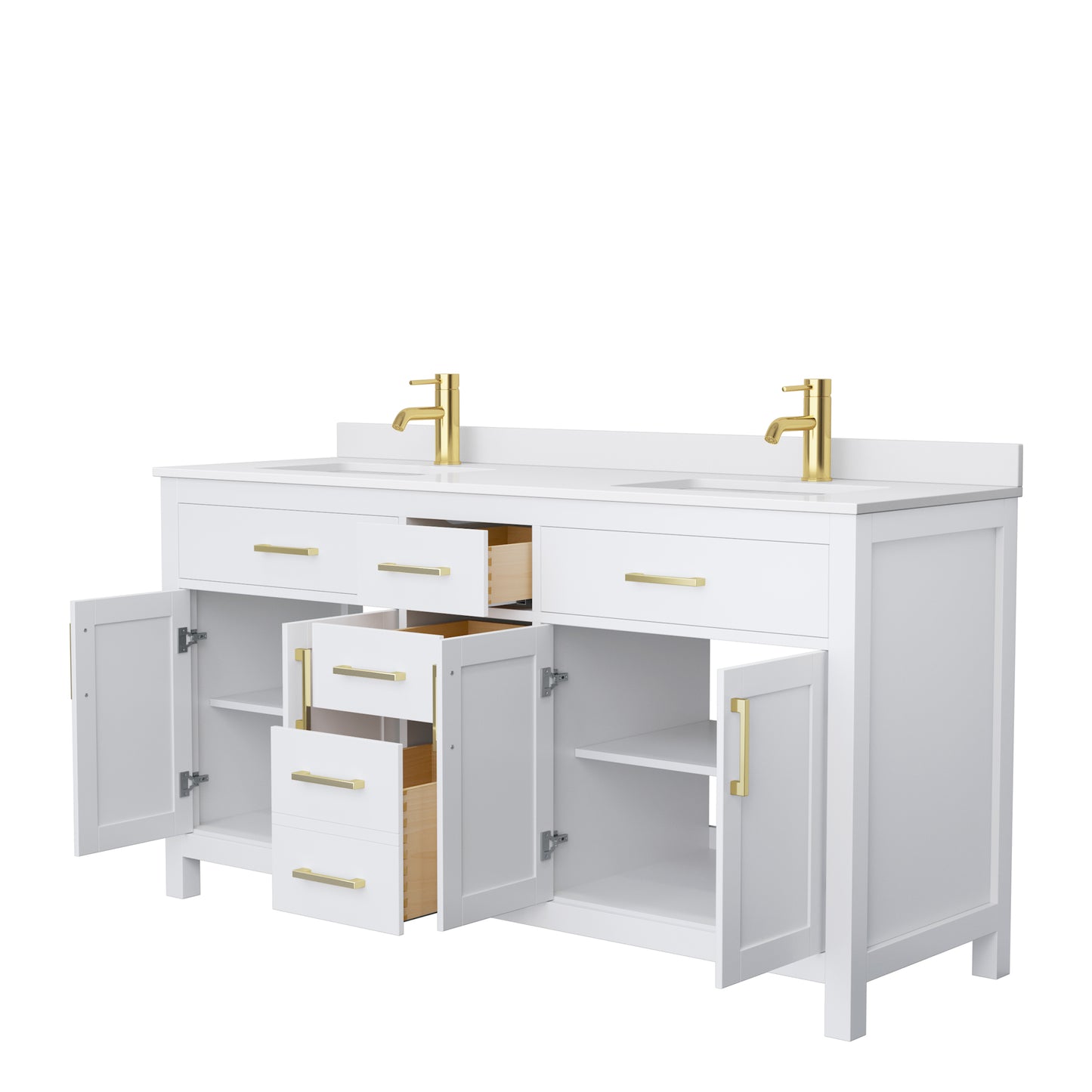 Beckett 66" Double Vanity in White, White Cultured Marble Top, Gold Trim